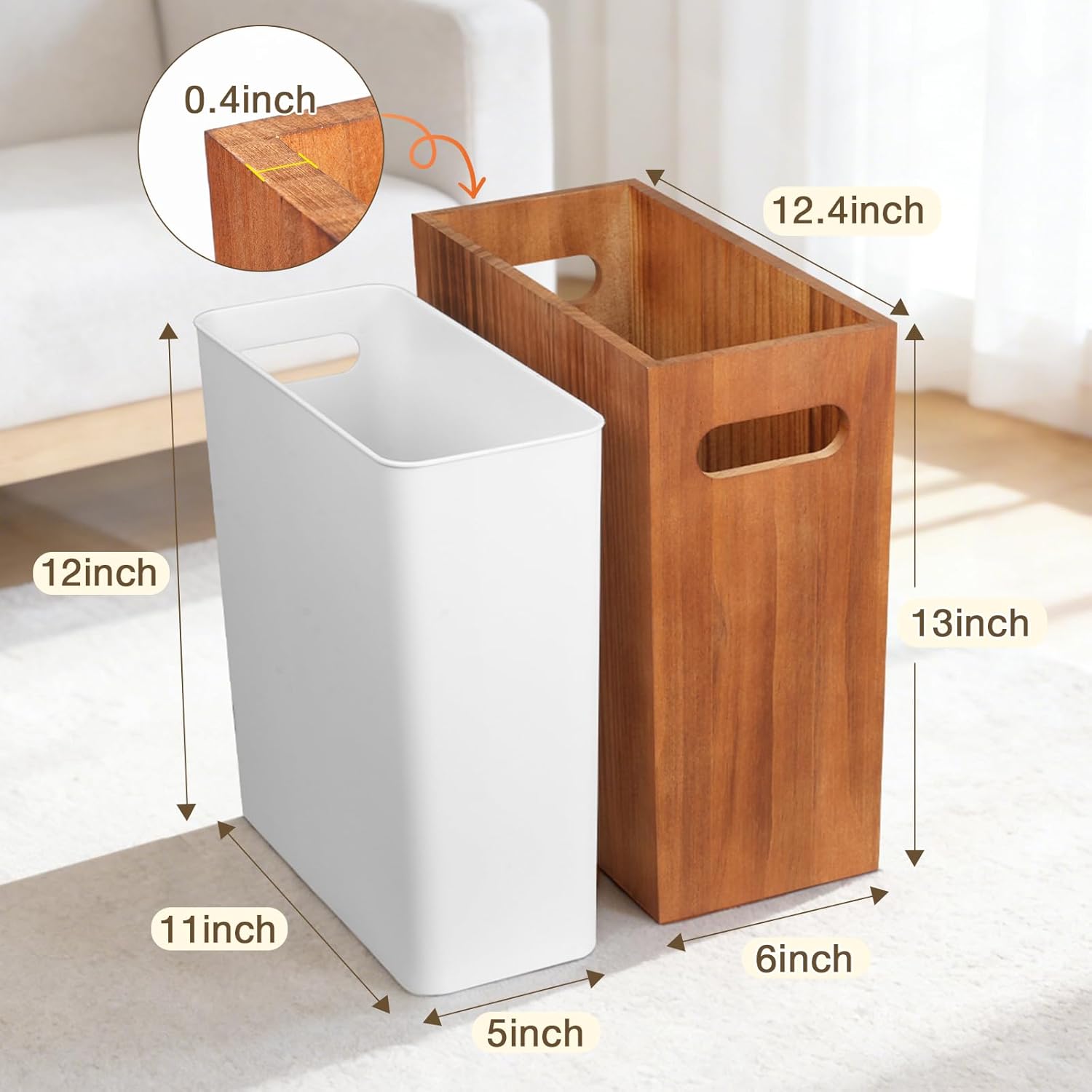 3 Gallon Wood Trash Can, Solid Wooden Trash Can with Plastic Liner, Slim Small Trash Can with Handle Fits Narrow Spaces, Decorative Wastebasket for Bathroom, Bedroom, Office, RV, Kitchen
