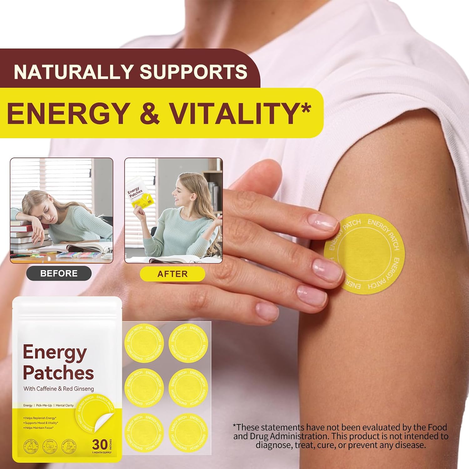 Energy Patches for Focus & Vitality - 8H Time Release Transdermal Patch, Plant-Based, Waterproof & Non-GMO (30 Patches)