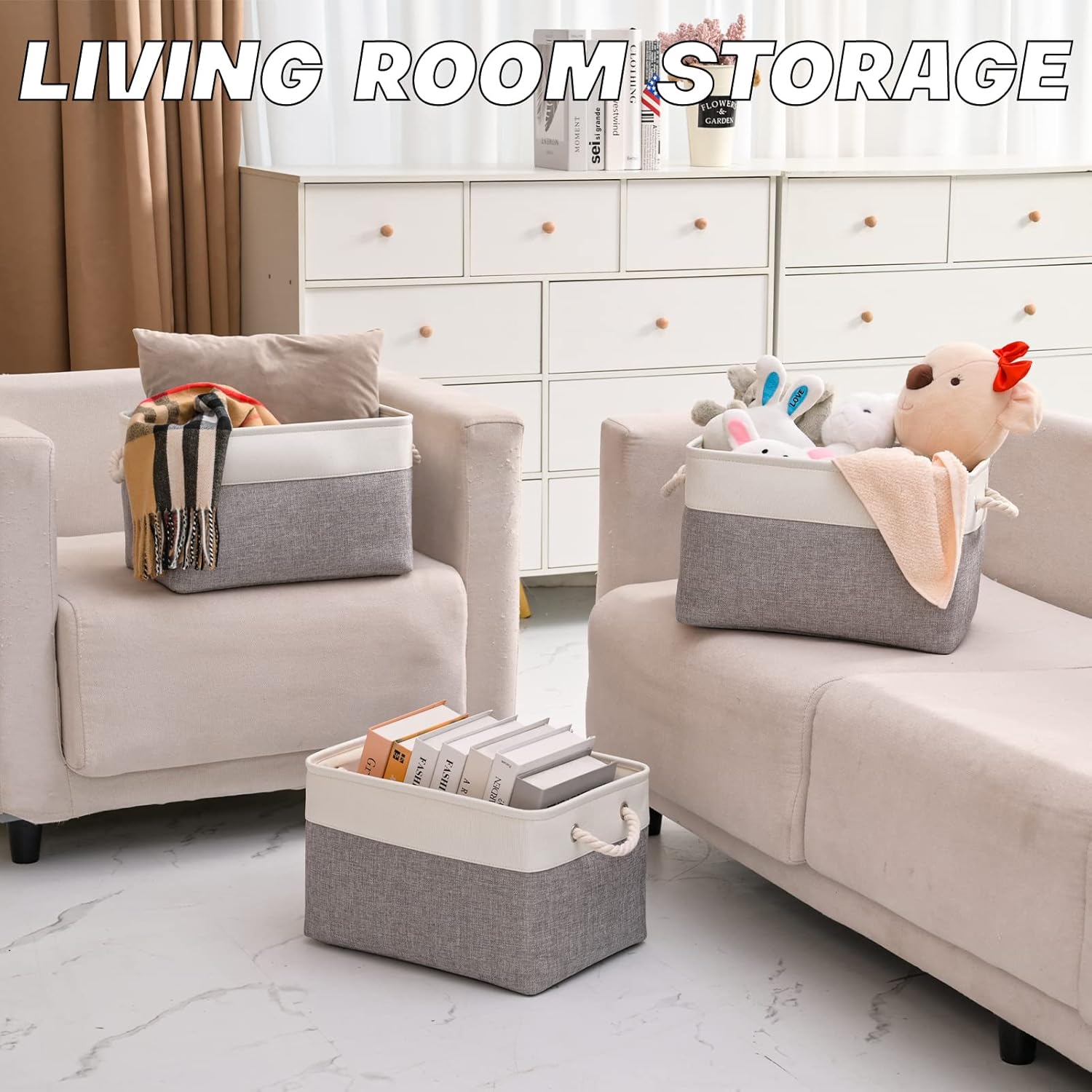 Storage Bins 3 Pack, Fabric Storage Basket for Collapsible Medium Canvas Storage Baskets for Organizing Shelf Nursery Home Closet with Cotton Rope Handle 15(L) x 11(W) x 9.5(H) inch(White&Grey-3PCS)