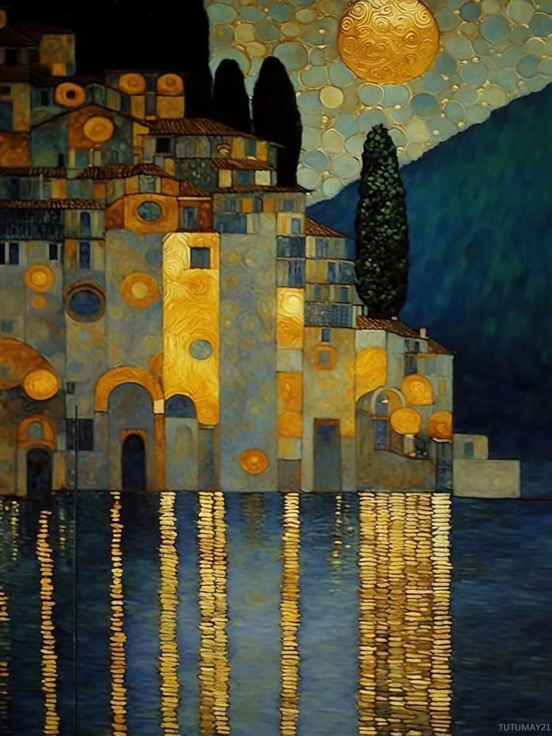 TUTUMAY21 Adult Golden Town Diamond Art Painting Kit for Beginner, Full Diamond Painting Circular 5D Diamonds, Gemstone Art Painting kit DIY Adult Handicraft kit 12x16inch