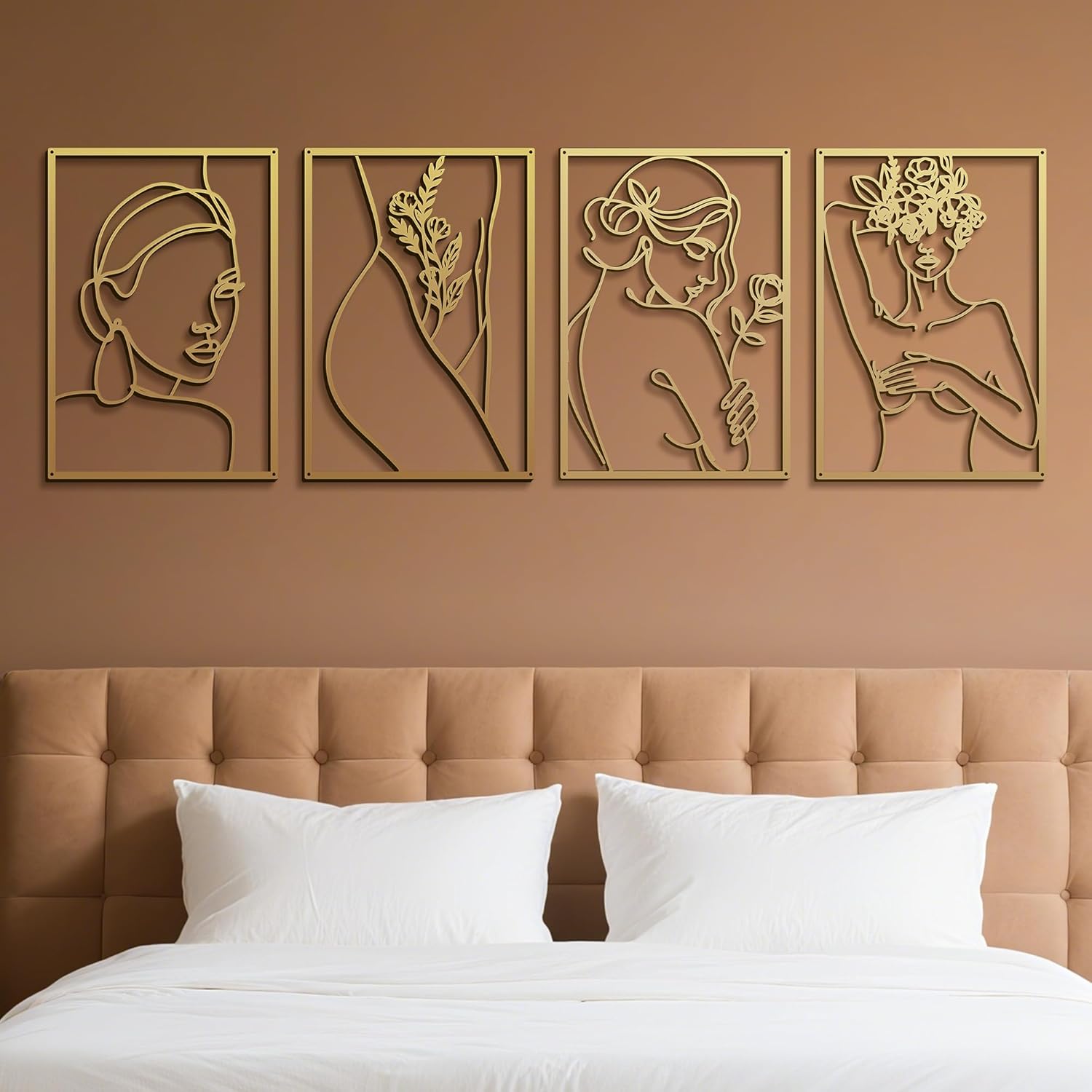 Eilopaa 4 Pack Gold Wall Art Décor for living room, Metal Minimalist Abstract Wall Décor bathroom, Single Line Woman's Body Shape Modern Wall Art, Size 17 X 11.8 inches