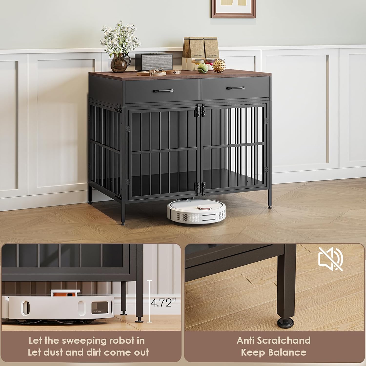 39.4 Inch Dog Kennel Furniture with Storage,Heavy-Duty Dog Crate with 2 Drawers Indoor Decorative Dog Cage with Double Door Wooden Pet House End Table Modern Cage Furniture for Medium/Large Dog