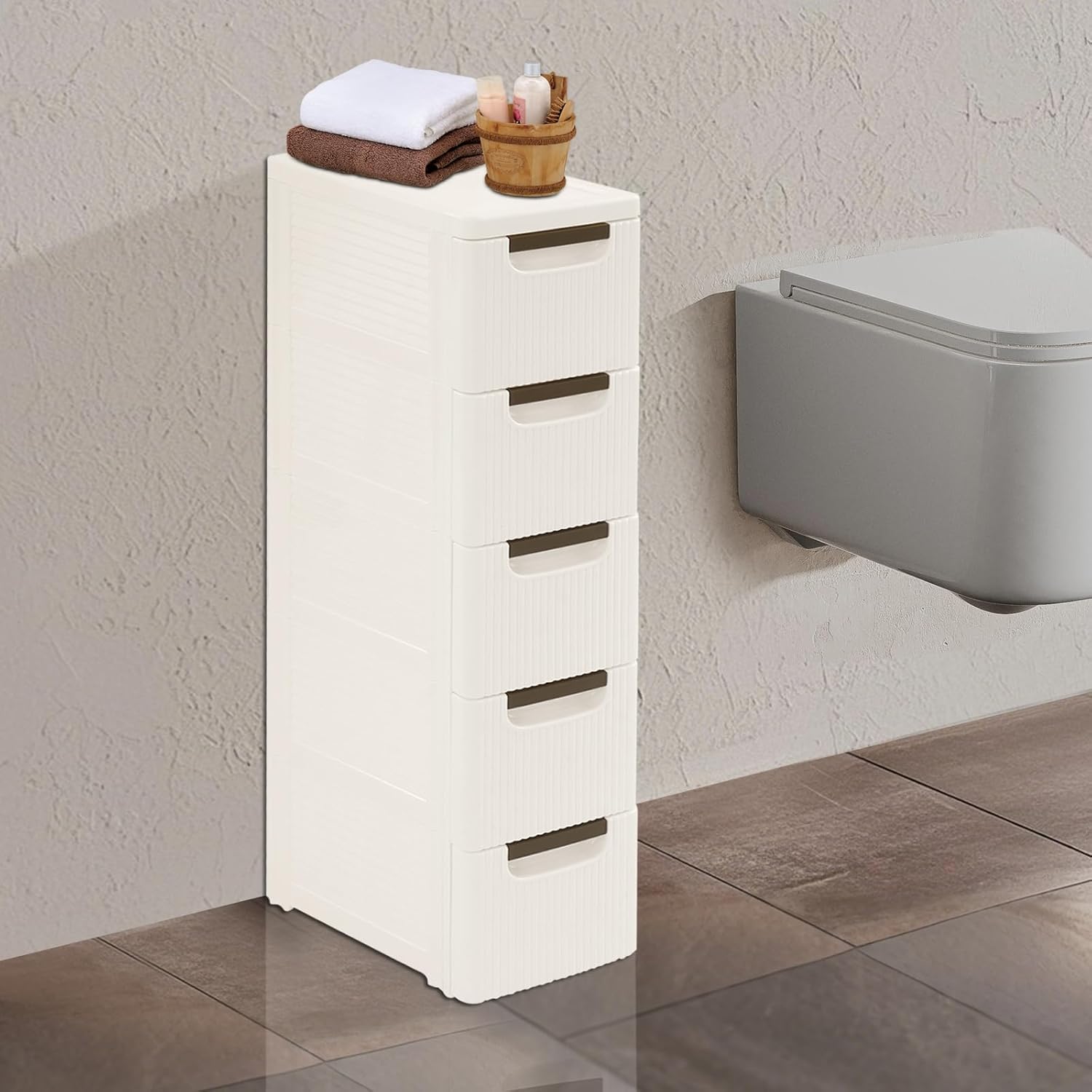 Narrow Storage Deep Cabinet, Space-Saving Mobile Slim Plastic Bathroom Storage Cart, Organizer Cart with Wheels for Office Classroom Bedroom, Easy Assembly & Removable Drawers (5-Tier)