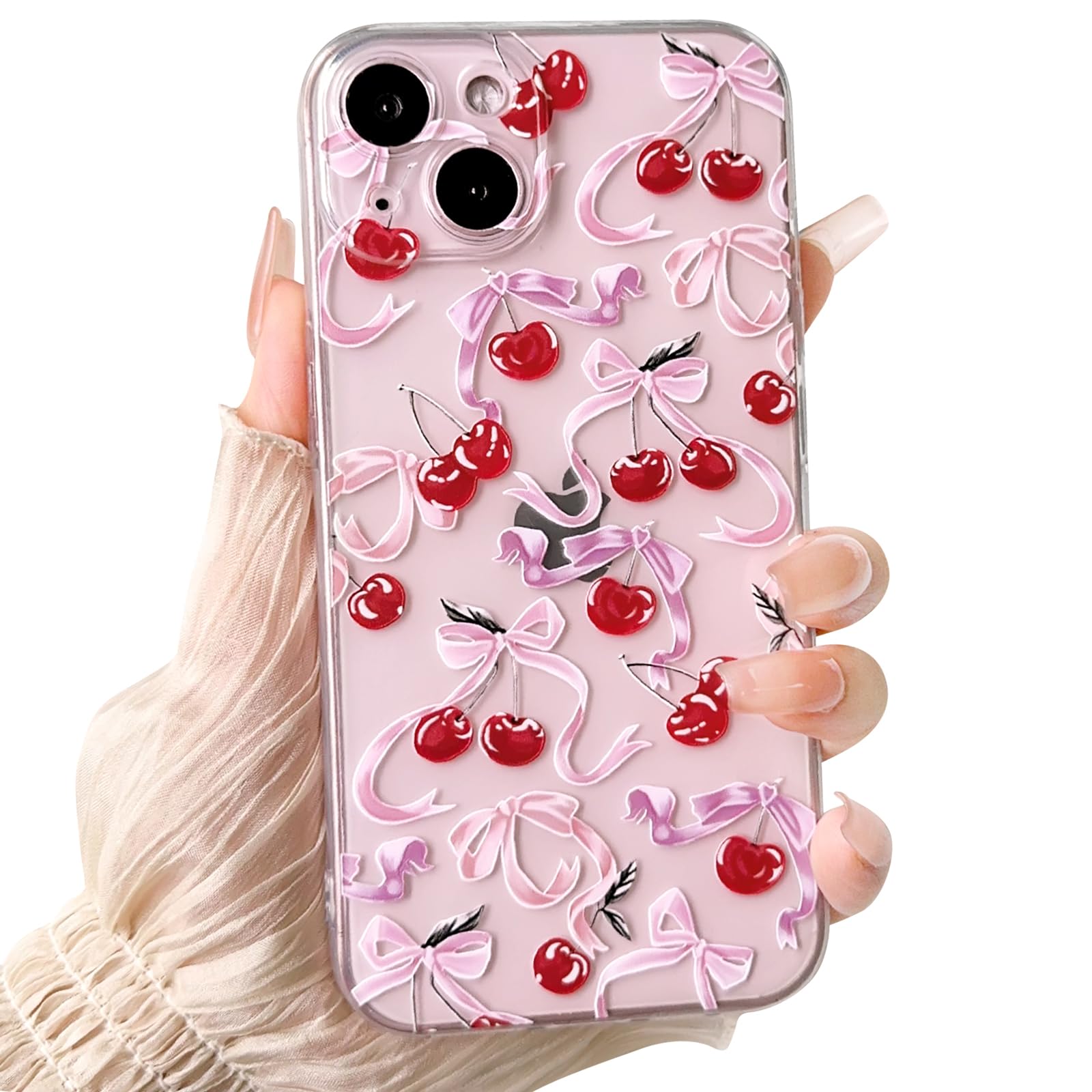 Lovmooful Compatible for iPhone 13 Case Aesthetic Clear Cute Ribbon Bowknot Cherry Design for Girls Women Soft TPU Shockproof Protective Girly for