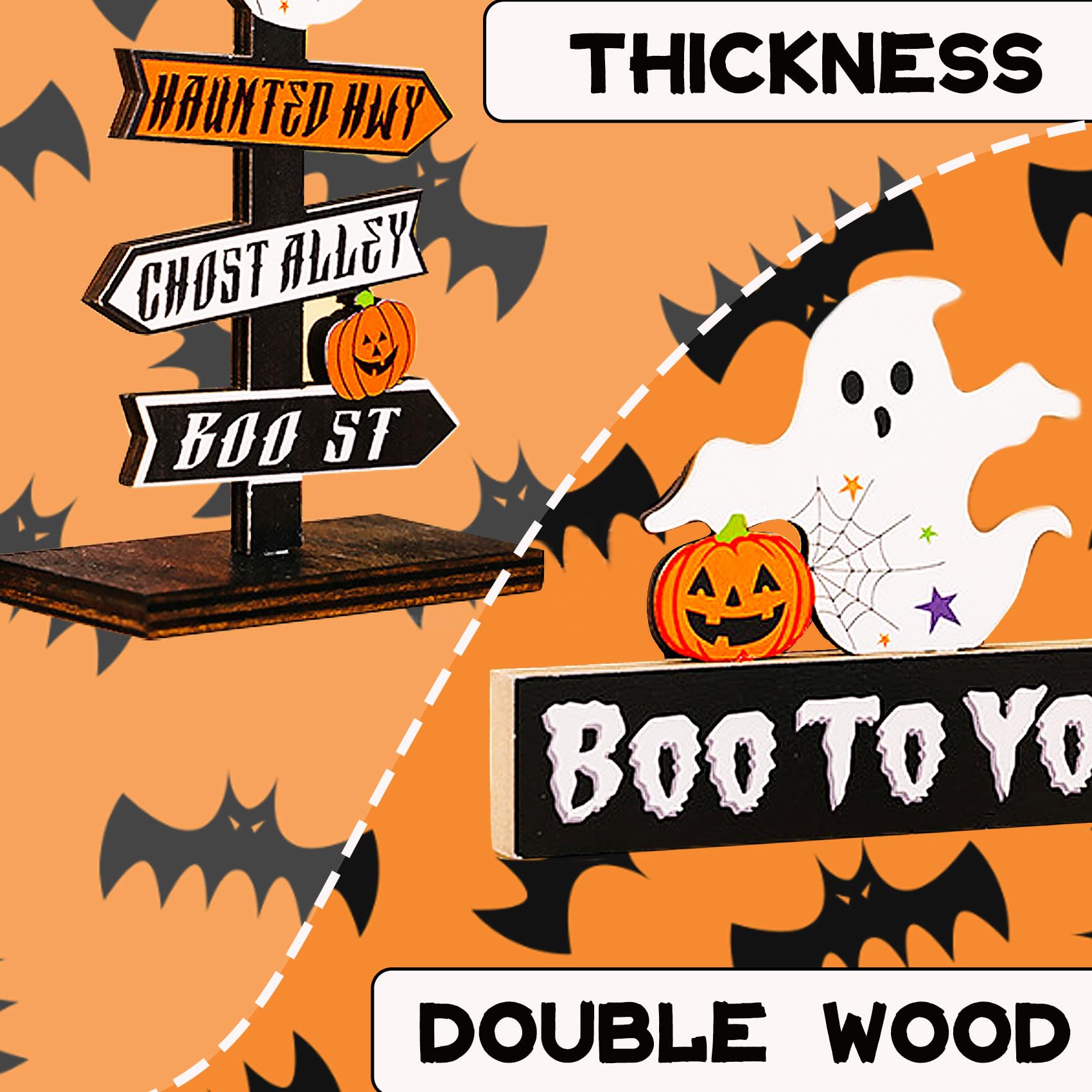 Cartelli centrotavola in legno di Halloween, decorazioni per il desktop di Halloween,Decorazione rustica del vassoio a più livelli della fattoria | Decorazioni in legno di zucca di Halloween Segni spe