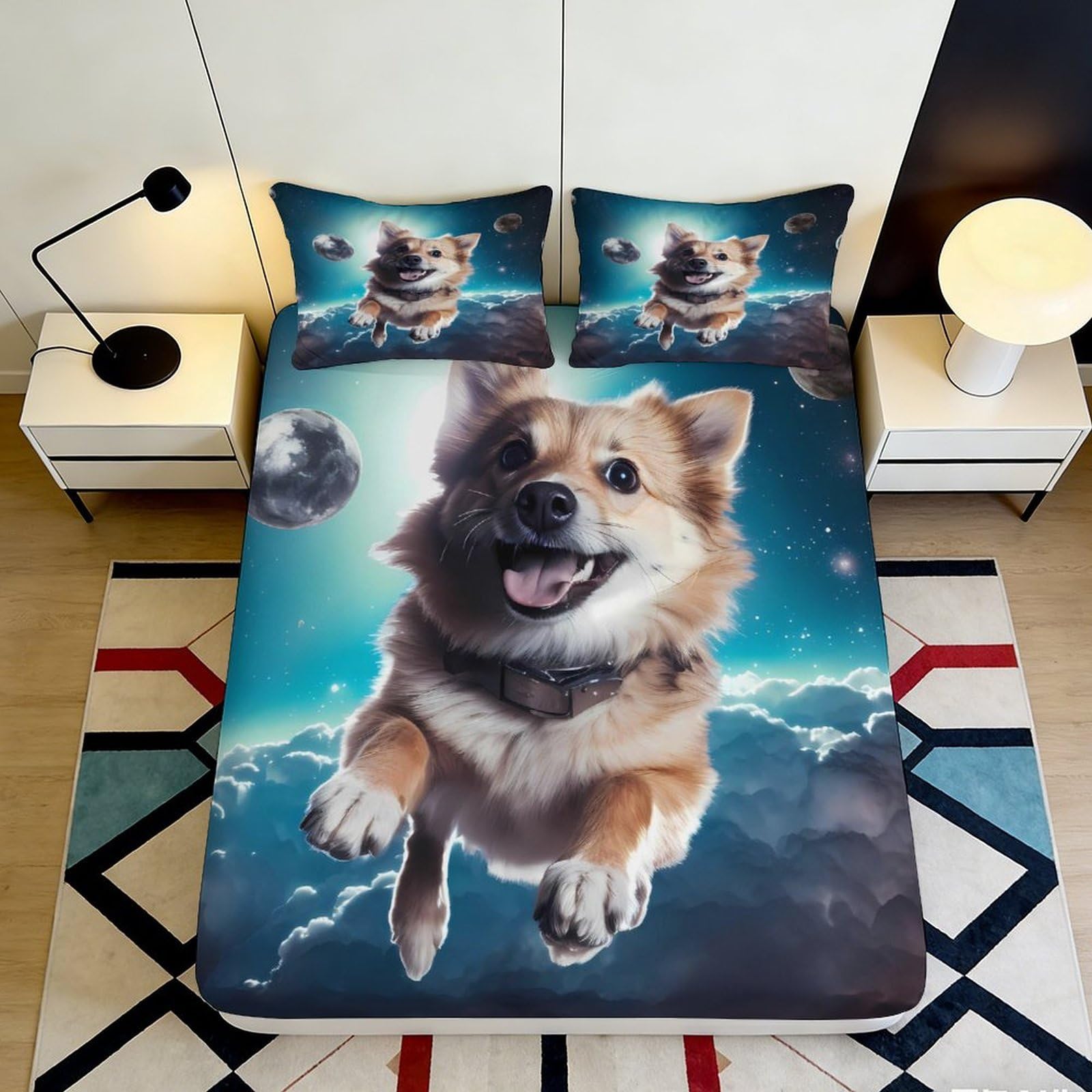 Pnayamiorkfel Style-3 3D Printed Space Dog Fitted Sheet Microfiber Soft Breathable Moon Clouds Bed Cover For Bedroom Guest Room Decor 90X200x25cm