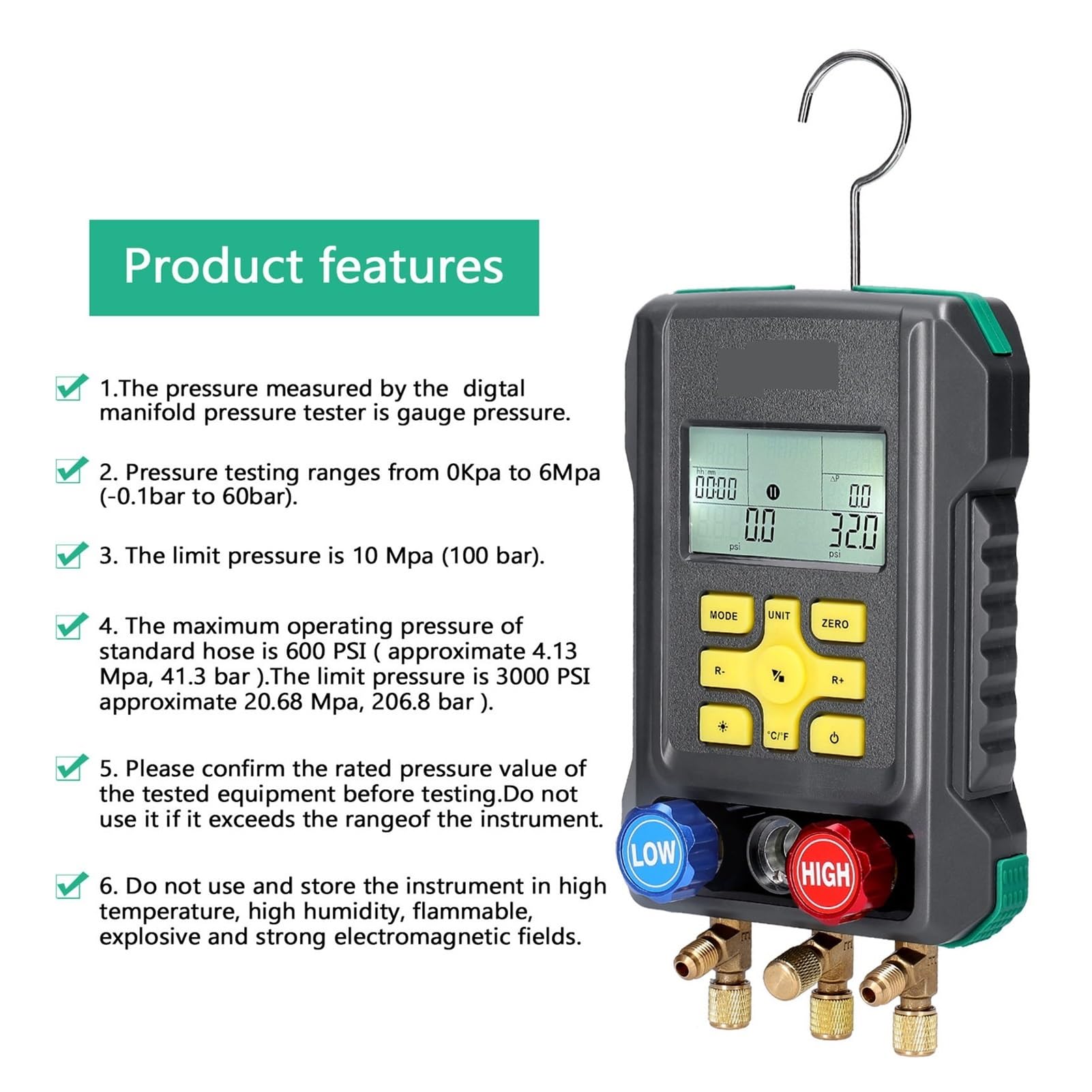 Manometro Refrigerazione Digitale Vuoto Pressione Collettore Tester Misuratore Temperatura Tester Apparecchio diagnostico AC