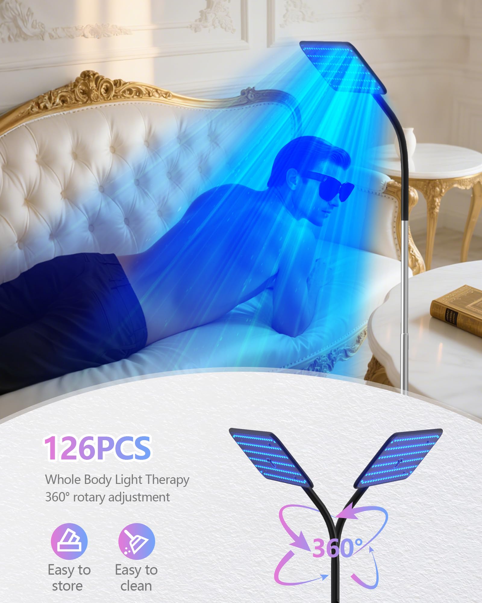 Lampe de bronzage solarium 460 NM 490 NM 50 W 5 niveaux d'éclairage 2 modes socle escamotable visage usage domestique
