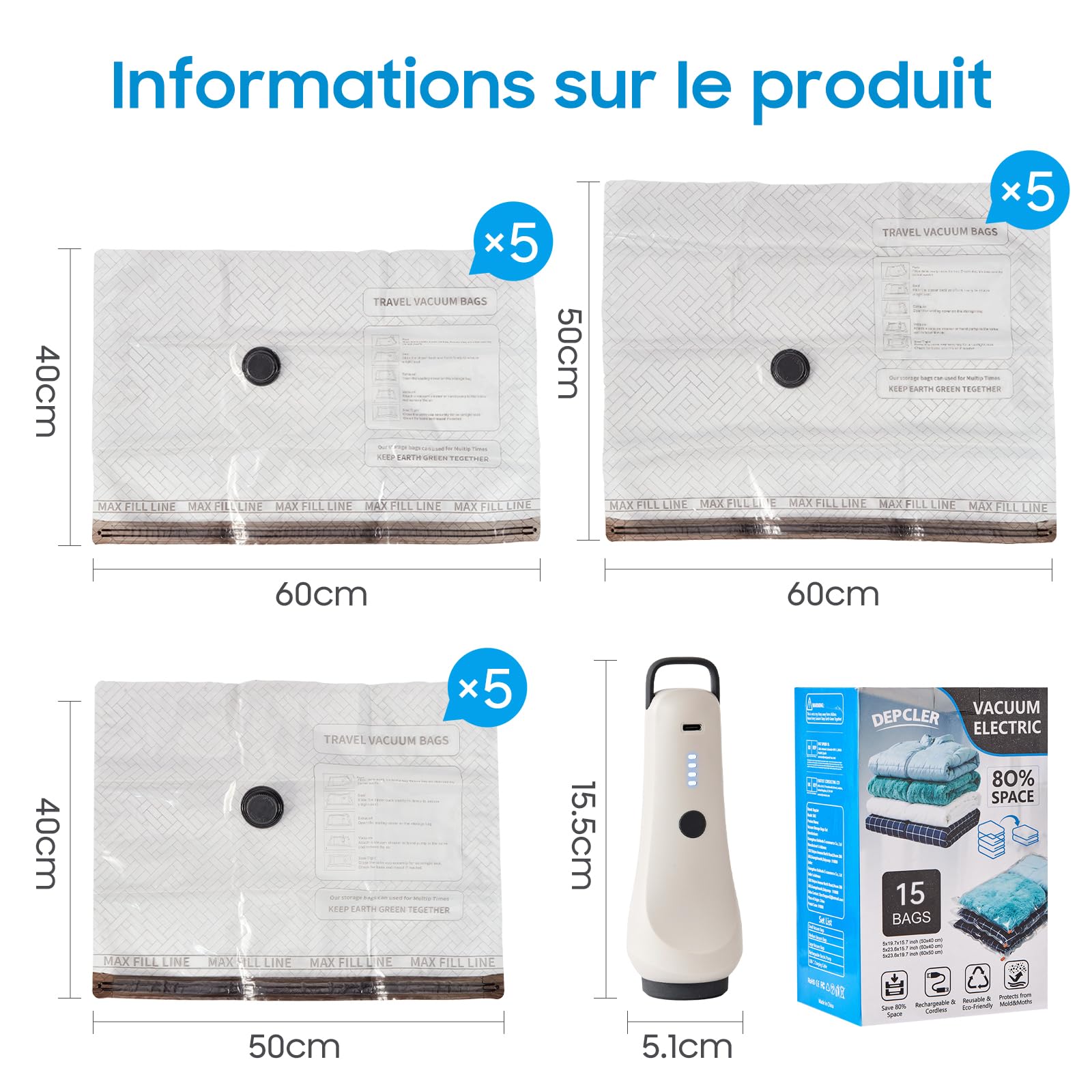 Sacs de compression pour vêtements avec pompe à vide sans fil, idéals pour le rangement gain de place à la maison et en voyage - Lot de 15 sacs (5x 40x50 cm, 5x 40x60 cm, 5x 50x60 cm)
