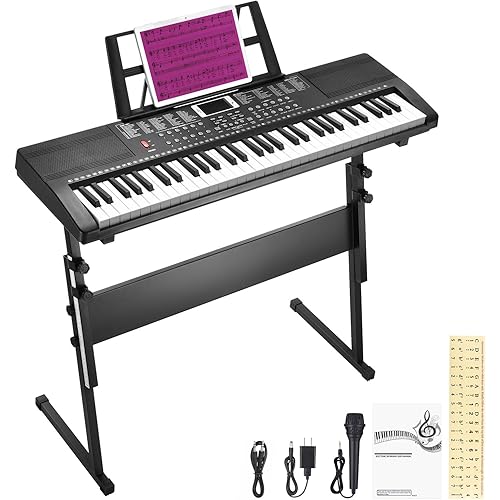 RIVVTA 61 Key Keyboard Piano with Stand for Beginners Portable Electronic Keyboard Piano Kit with 200 Tone 200 Rhythm 60 Demo Microphone Power Supply Sheet Music Stand Black(REK-10)
