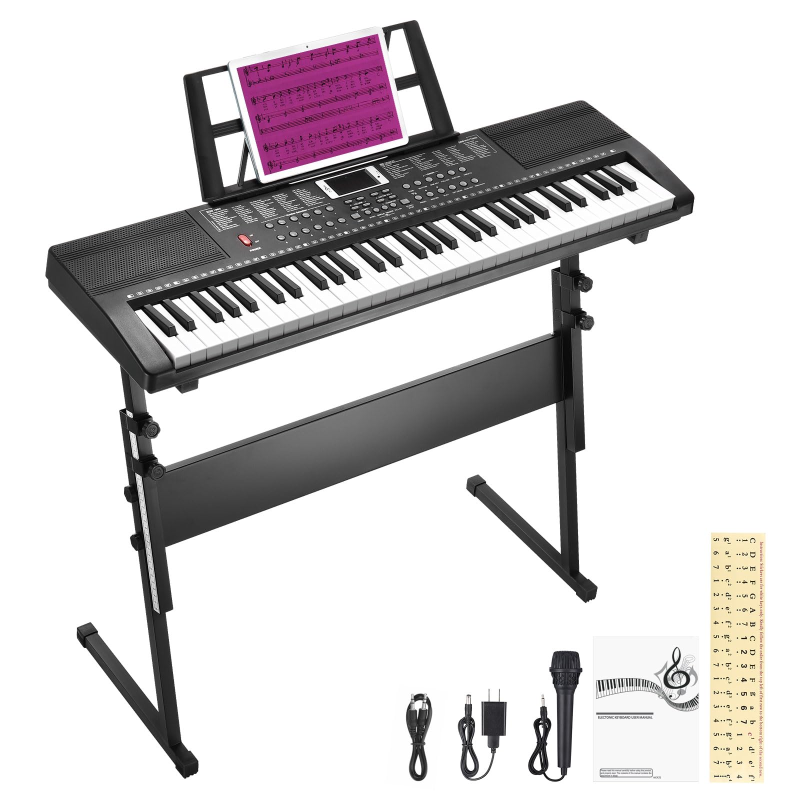 RIVVTA 61 Key Keyboard Piano with Stand for Beginners Portable Electronic Keyboard Piano Kit with 200 Tone 200 Rhythm 60 Demo Microphone Power Supply Sheet Music Stand Black(REK-10)