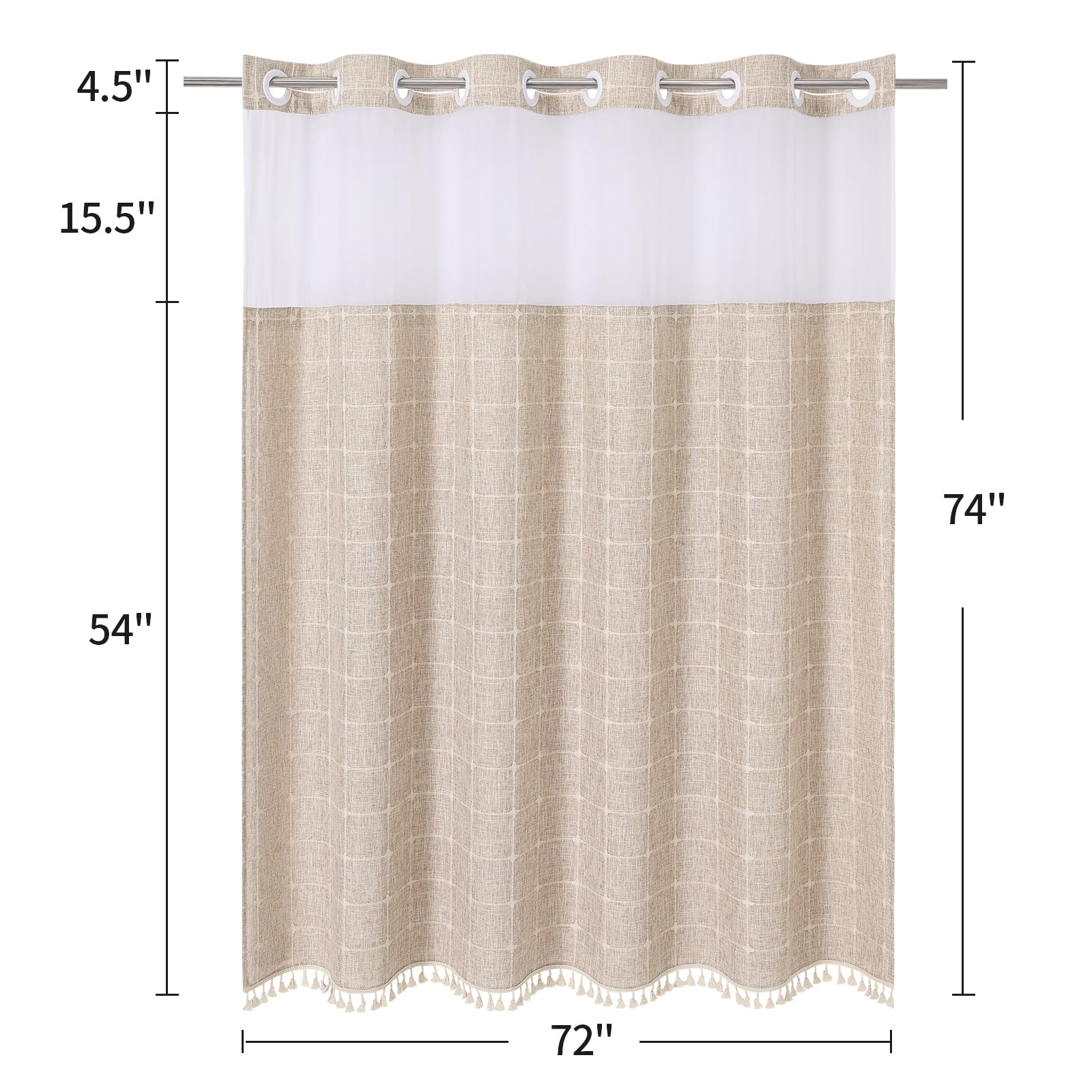 MitoVilla Tenda da doccia con fodera a scatto senza ganci, con finestra e magneti, tende da doccia in tessuto di cotone e lino bohémien con nappe, per arredamento rustico del bagno, marrone chiaro