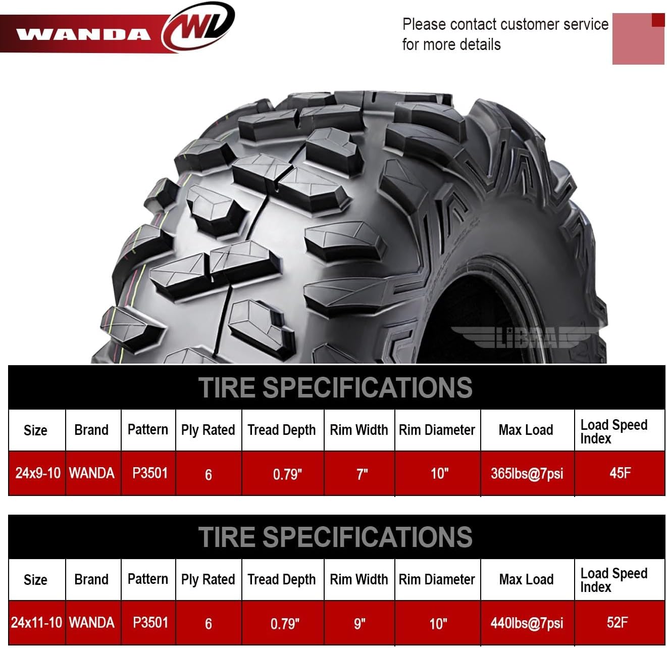 WANDA Set 4 UTV ATV Tires 24x9-10 & 24x11-10 6PR for 05-16 Kawasaki Mule 610 4x4