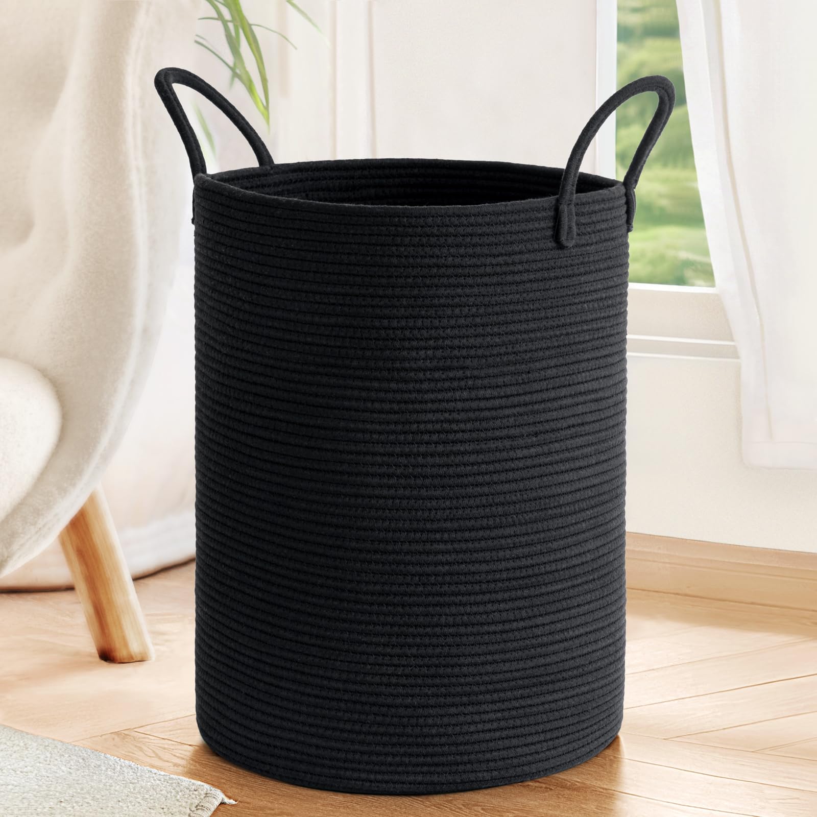 Timeyard Black Large Laundry Hamper, Woven Rope Tall Storage Basket For Dirty Clothes Towels Blankets Home Decor, 58L