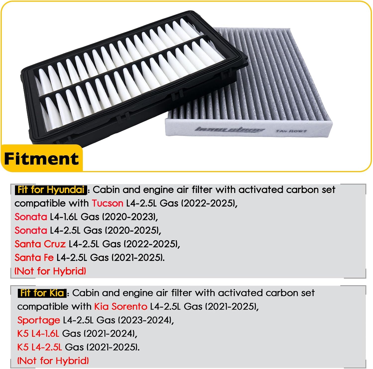 28113-L1000 97133-L1000 Cabin and Engine Air Filter with Activated Carbon Set for Hyundai Santa fe 2021-25, Sonata 2020-25, Tucson 2022-25,Sportage 2023-24, K5 2021-25,Sorento 2021-25,Not For Hybrid
