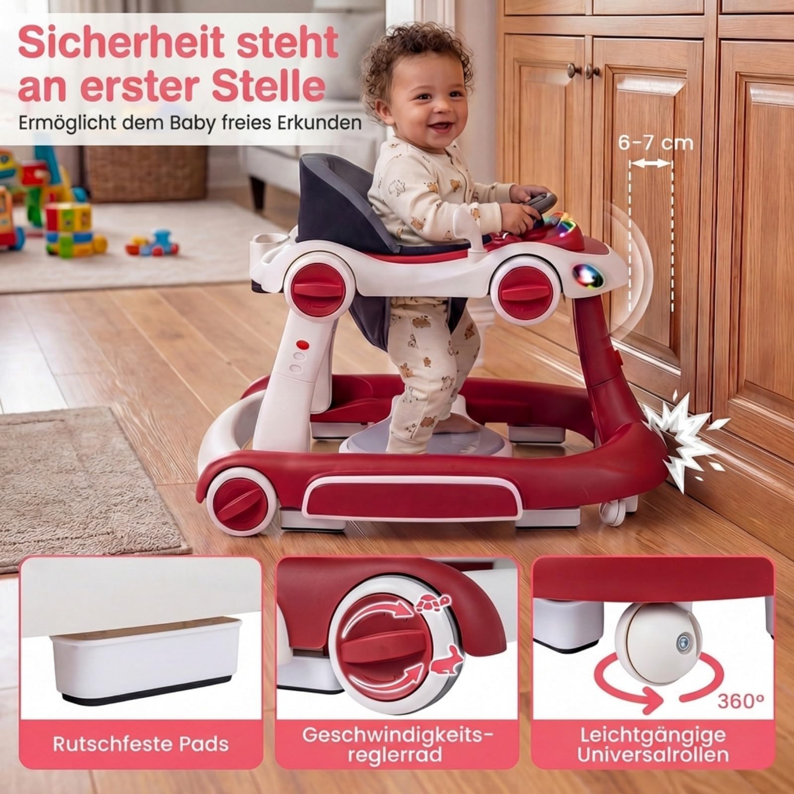 FANTASK 7 in 1 Lauflernhilfe mit abnehmbarem Verdeck, Lauflernwagen höhenverstellbar mit Spielboard, Musik, Licht & Rädern, Gehfrei mit einstellbarer Geschwindigkeit für Baby ab 6 Monaten (Weinrot)
