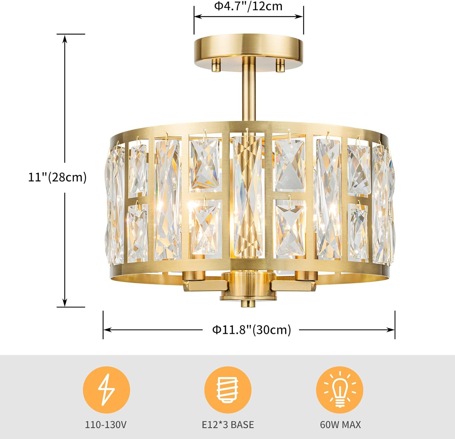 LumFurn 3-Lights Modern Crystal Ceiling Light, Semi-Flushmount Light Fixture for Living Room, Foyer, Kitchen, D12.5 in x H11 in, Gold Finish