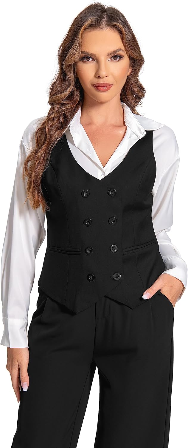 Foucome Womens Suit Vest Double Breasted V-Neck Fashion Dressy Casual Waistcoat Vest for Women - Image 4