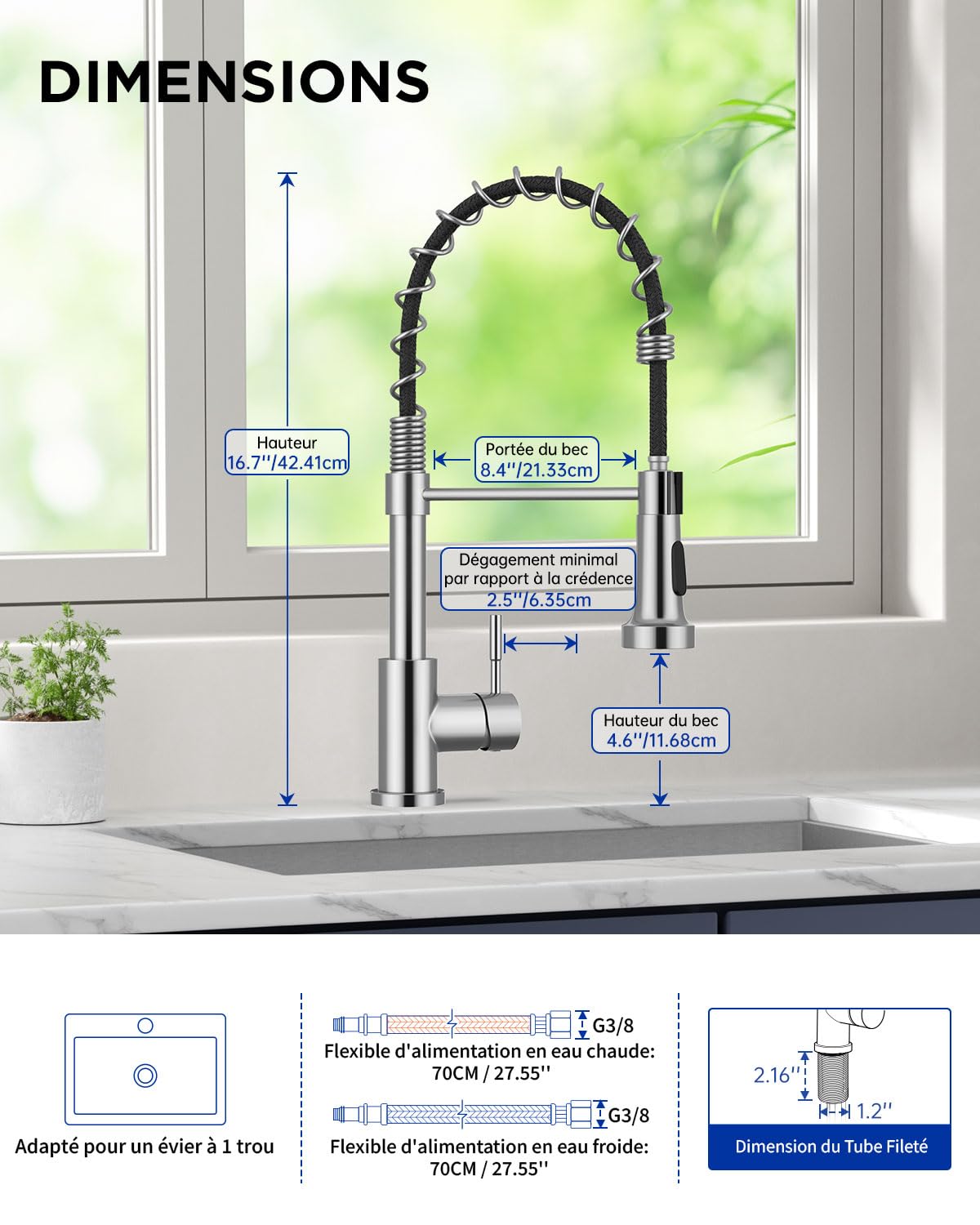Robinet de Cuisine, Mitigeur de Cuisine Commercial à Ressort, Robinet à Simple Levier en Acier Inoxydable avec Bec Pivotant 360° et 2 Modes de Pulvérisation, Nickel Brossé