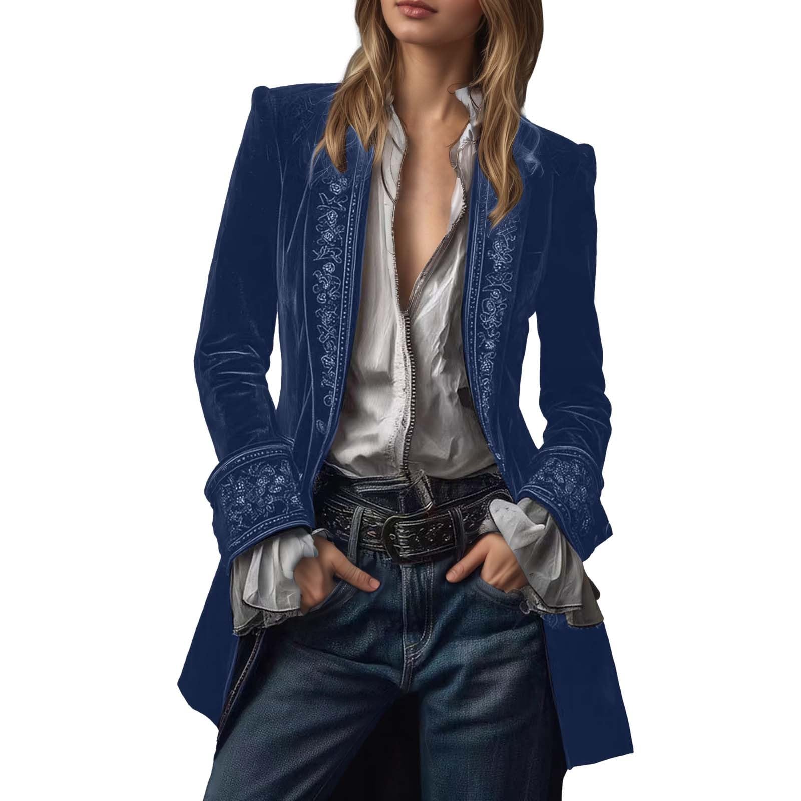 Generisch Velvet Jacket Women's Vintage Long Embroidered Blazer Women Open Front Coat Gothic Steampunk Outerwear Plain Elegant Baggy Velvet Jacket Festive Carnival Fancy Dress Jacket, navy, XXL — image 1