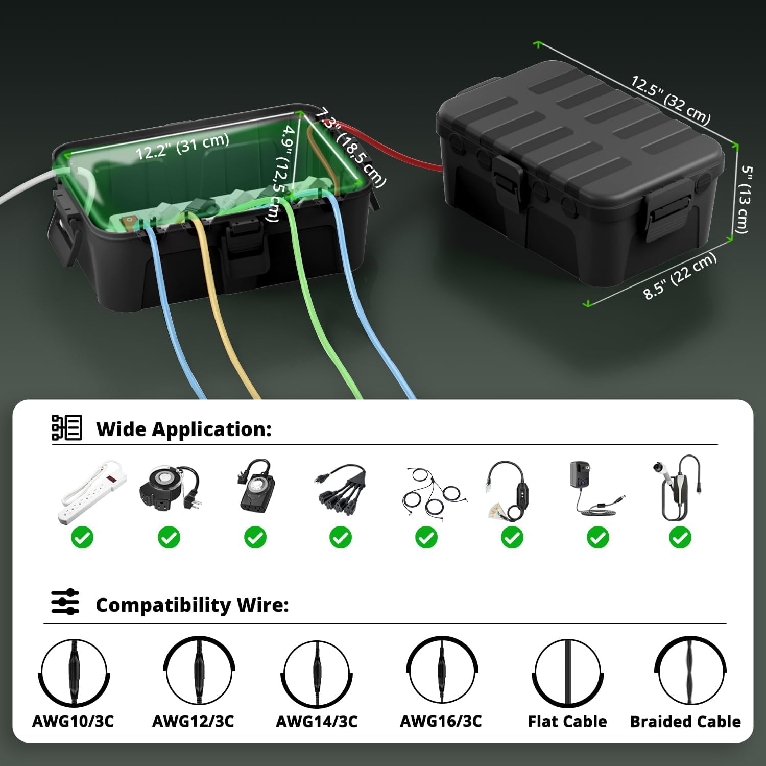 QUOBAS Extra Large Outdoor Electrical Box Waterproof, IP54 Weatherproof Extension Cord Cover, Outdoor Plug Cover Protect Outlet, Plug, Power Strip, Tools, Holiday Light, Black