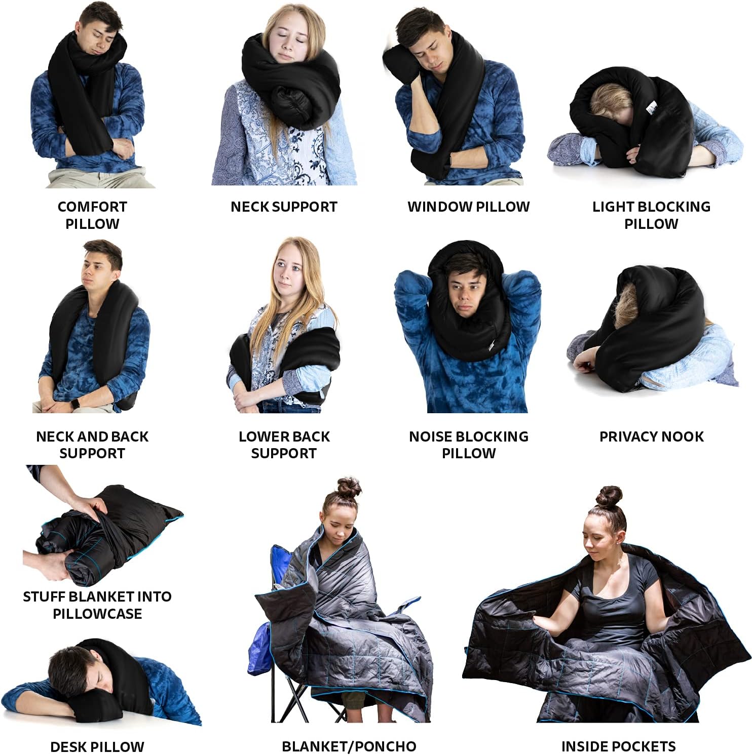 NAPRO Travel Pillow & Camping Blanket, 3 in 1 Ripstop Nylon Infinity Pillow & Square Travel Pillow Cases with 82" X 54" Synthetic Down Filled Blanket/Poncho/Pillow Fill, Adventure, Black/Turquoise