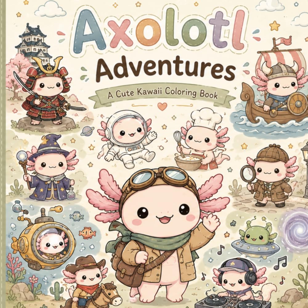 Axolotl Adventures: A Cute Kawaii Coloring Book Featuring 20 Fun Adventures for Kids, Teens & Adults