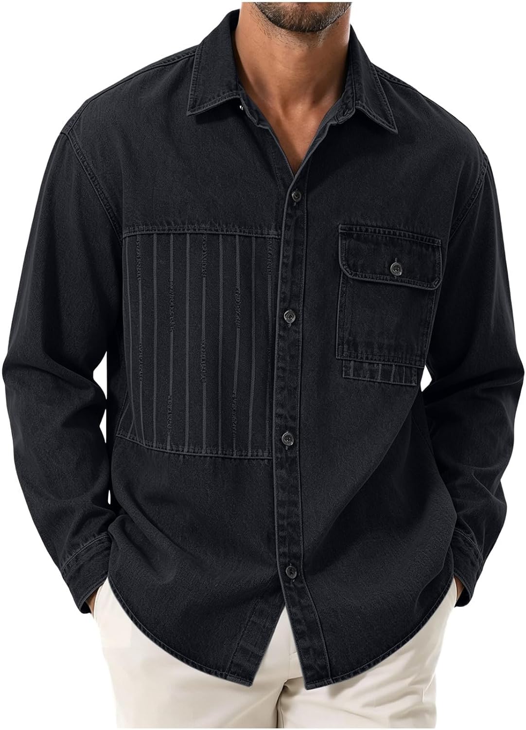 Denim Shirt Men Collared Long Sleeve Button Down Jean Shirt Jacket