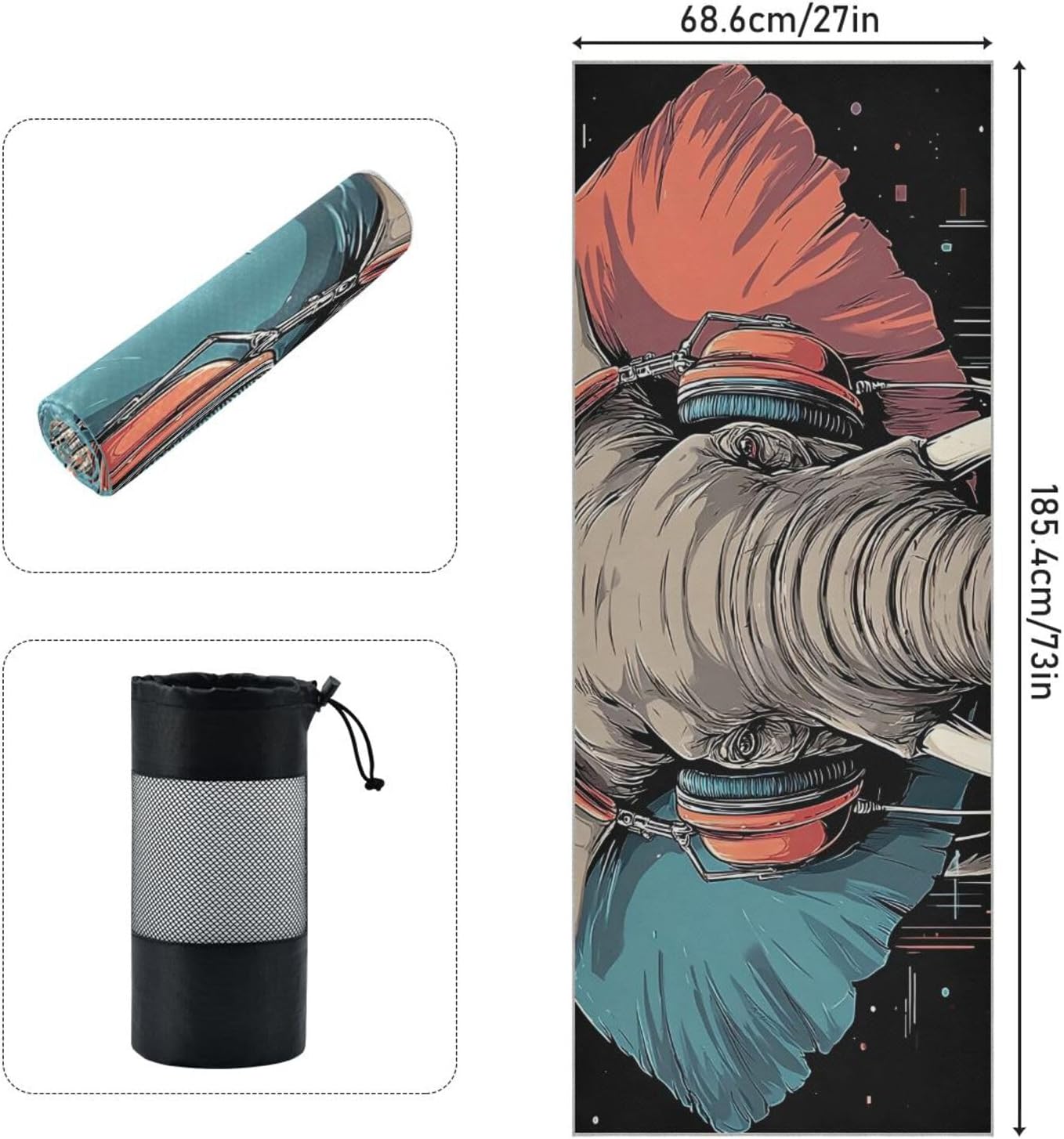 Elephant Headphone Hot Yoga Towel – Stylish, Non-Slip, Grip Dot, Super Absorbent, 27" x 73" - Yoga Mat Towels for Exercise, Fitness
