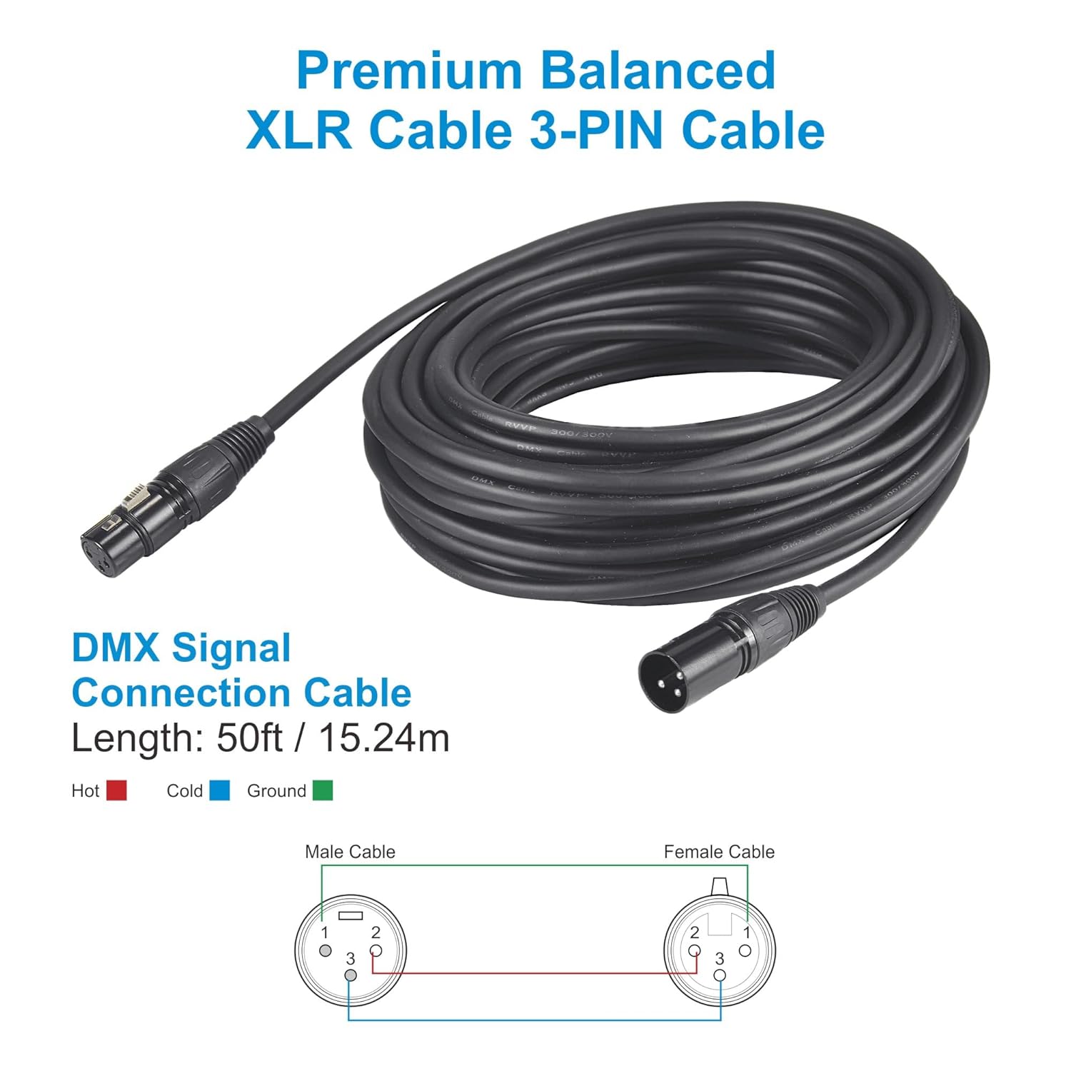 DMX Cable 50ft, 2 Pack 15.24m DMX Cables 3 Pin Signal XLR Male to Female DMX Cable Wire, with Metal Connectors for Signal Transmission for DJ Lighting Equipment and Stage Lighting