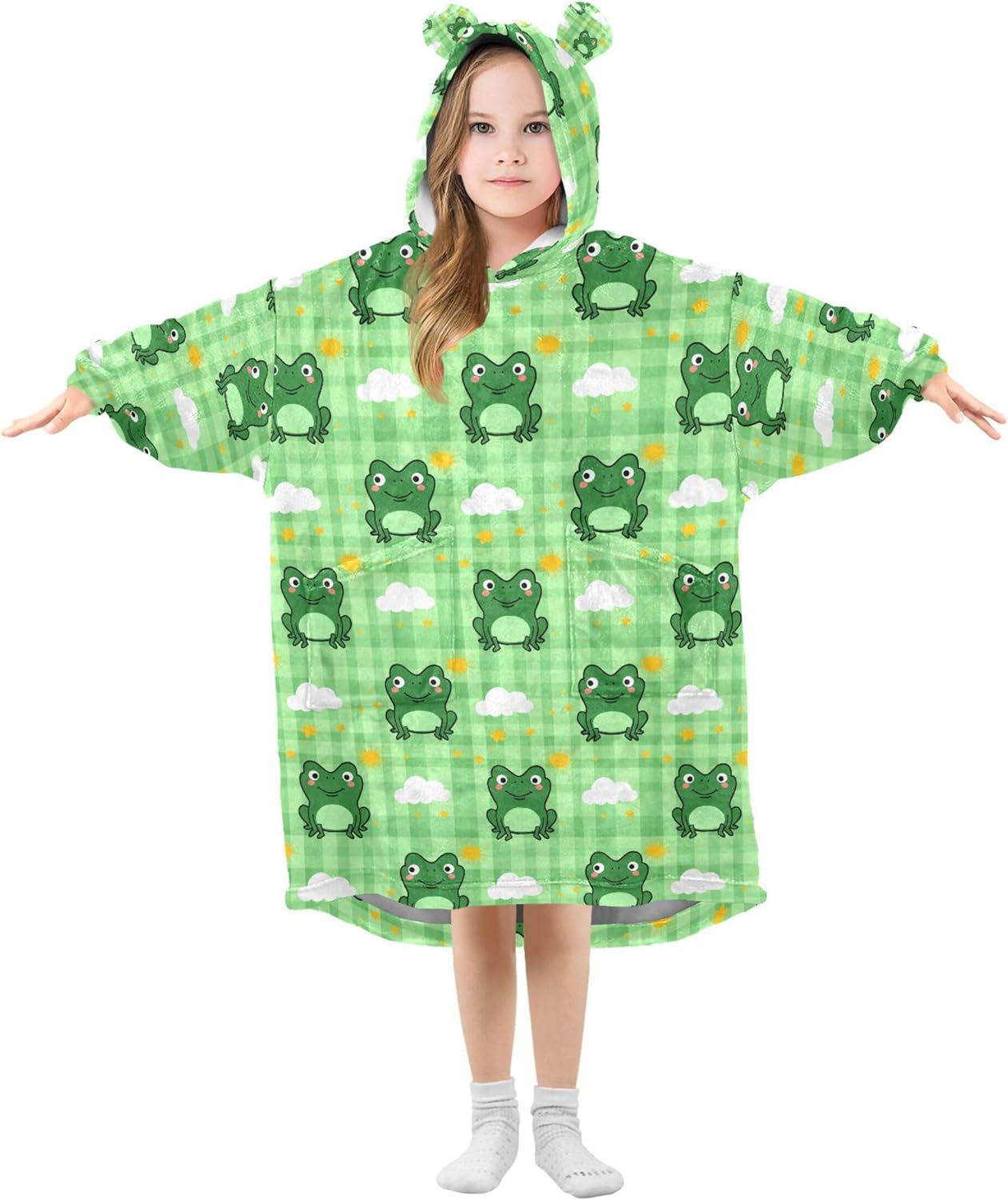 Cute Frog Kids Wearable Blanket Hoodie with Pocket and Sleeves for Toddlers, Cute Hoodies Girls Boys B0404126