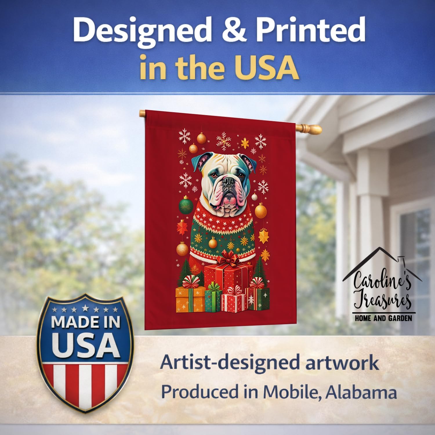 Caroline's Treasures DAC3023CHF American Bulldog Holiday Christmas House Flag Large Porch Sleeve Pole Decorative Outside Yard Banner Artwork Wall Hanging, Polyester, House Size, Multicolor