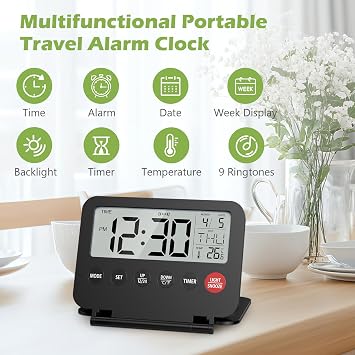 KeeKit Digital Travel Alarm Clock, Large LCD Display Front Button with Date, Temperature, Snooze, Backlight, AAA Battery Operated(Not Included), Desk Clock for Home, Office, Travel