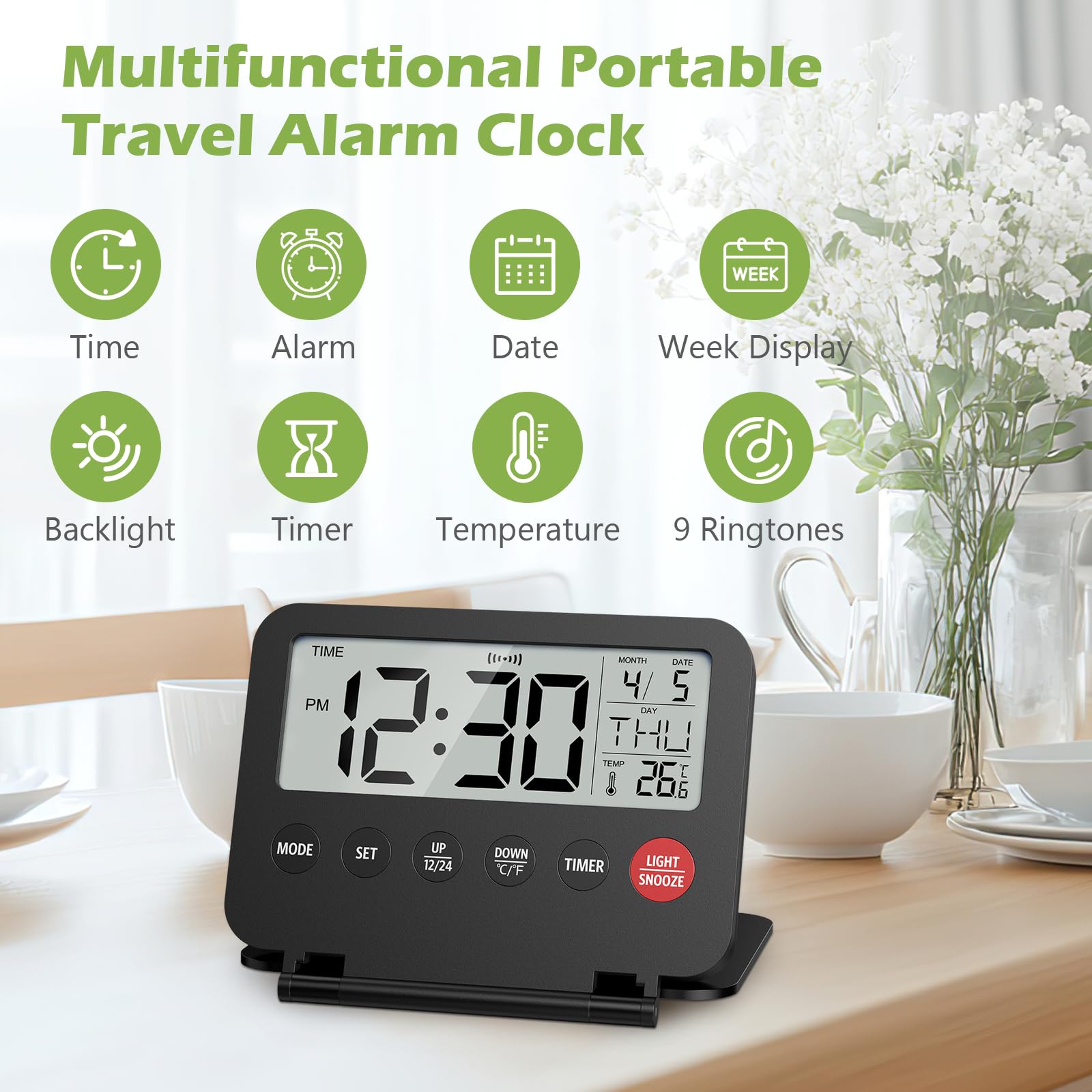 KeeKit Digital Travel Alarm Clock, Large LCD Display Front Button with Date, Temperature, Snooze, Backlight, AAA Battery Operated(Not Included), Desk Clock for Home, Office, Travel