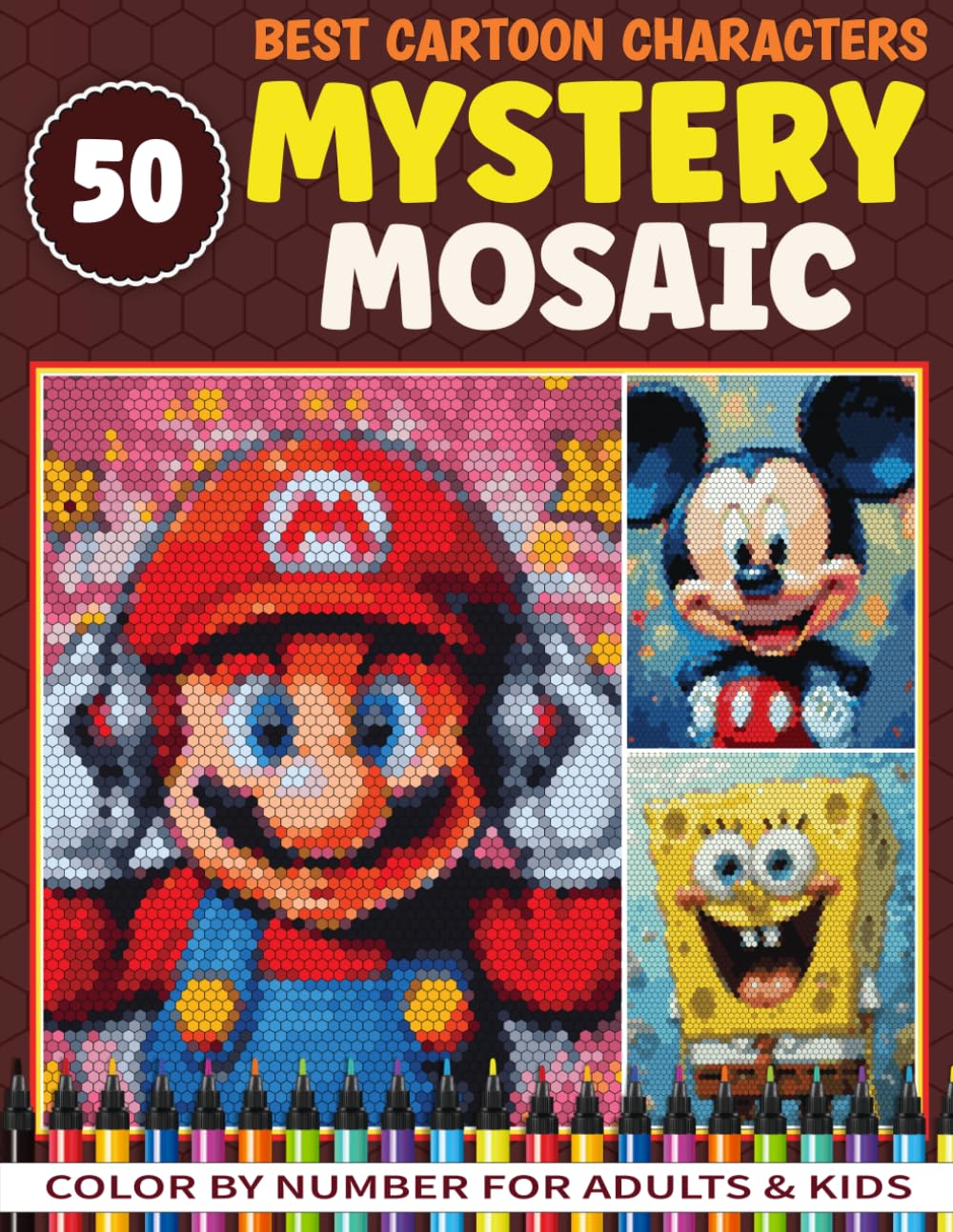 50 Cartoon Characters Mystery Mosaic: Hexagon Pixel Art Color by Number Mystery Mosaic – Fun & Relaxing for Adults and Kids
