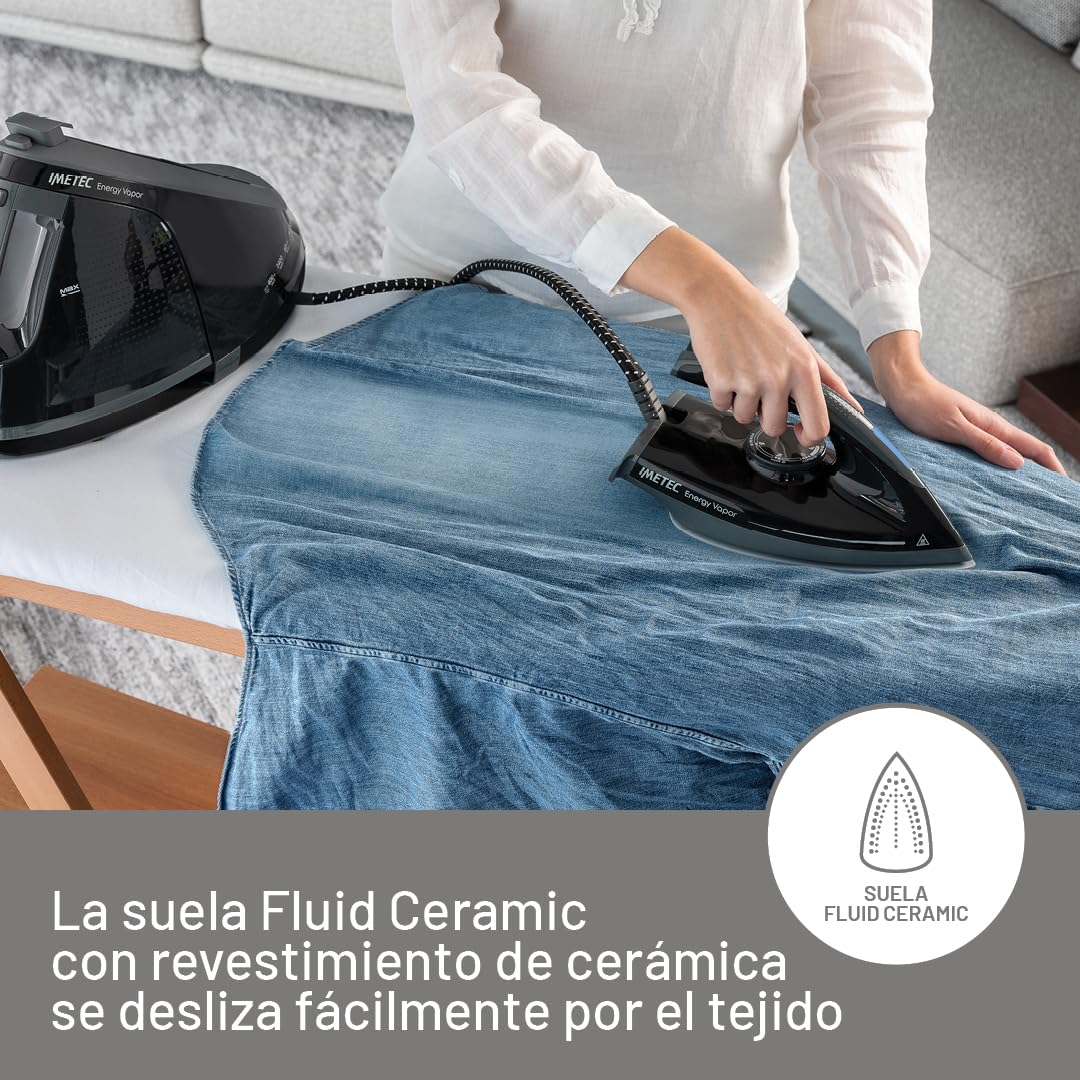 Imetec Energy Vapor Plancha con Generador de Vapor, Bomba de 6,5 BAR, 400 g de Vapor, 2400 W, Suela Fluid Ceramic, Bloqueo de la Plancha, Apagado Automático, Dispositivo de Limpieza, Tecnología ECO