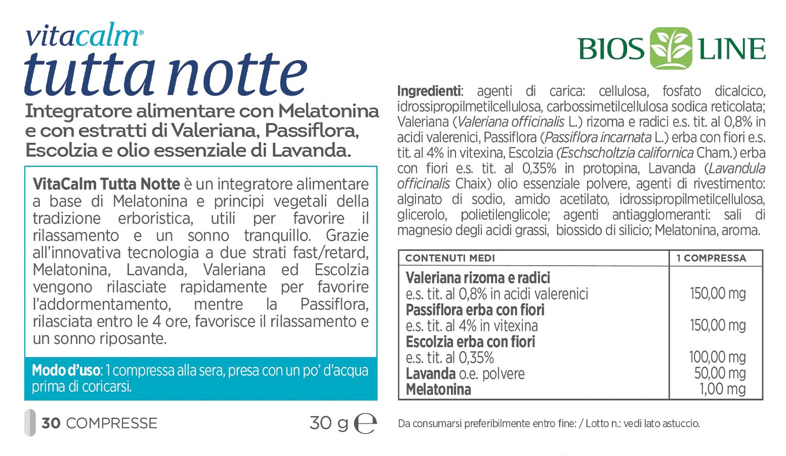 BIOS LINE VitaCalm Tutta Notte, Integratore per Dormire con Melatonina, Integratore Rilassante a Doppio Rilascio per Favorire il Rilassamento Sonno Tranquillo, 30 compresse