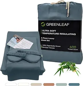 GREENLEAF Queen-Sized Bed Sheet Set, Ocean Blue | Fitted Bed Sheet with Pillow Cases, Flat Sheet & Sleep Mask | Breathable, Ultra-Soft Cooling | Deep Pocket Up to 18in | Double Stitched Sateen