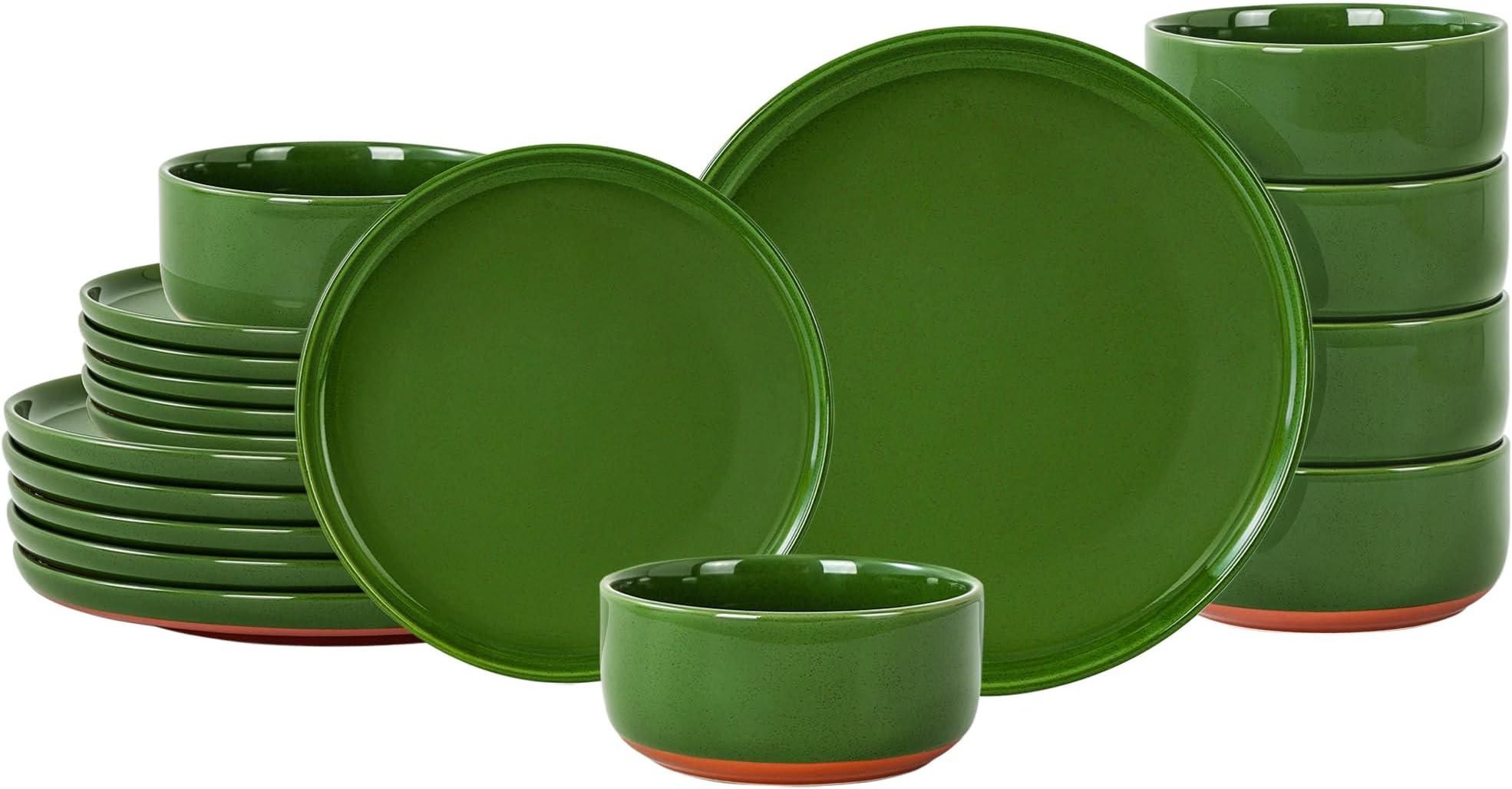 Modern Art Series - 18 Pcs Speckled Stoneware Plates and Bowls Sets, Ceramic Dinnerware Set with Rustic Terracotta Underside, Microwave and Dishwasher Safe Handcrafted Dishes Set - Verdant Green