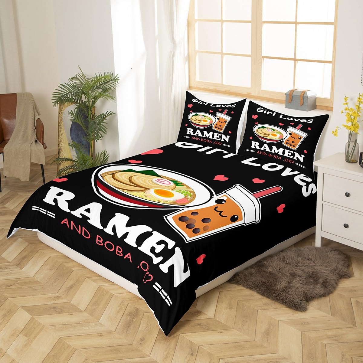 jejeloiu Ramen Boba Bettwäsche-Set, 100 % Baumwolle, Anime-Motiv für Kinder, Jungen, Mädchen, Teenager, Nudeln, Bubble Tea, 100 % Baumwolle, Set, Mädchen, liebt, Ramen Boba, Bettbezug-Set,