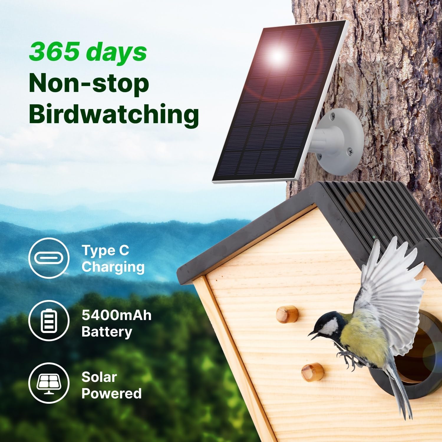 Smart Birdhouse with 2K HD Camera, Solar Powered & Battery, Night Vision, AI Bird Identification, Real-Time Alerts, APP Control, Outdoor Wooden Bird House, Ideal Gift for Bird Lovers