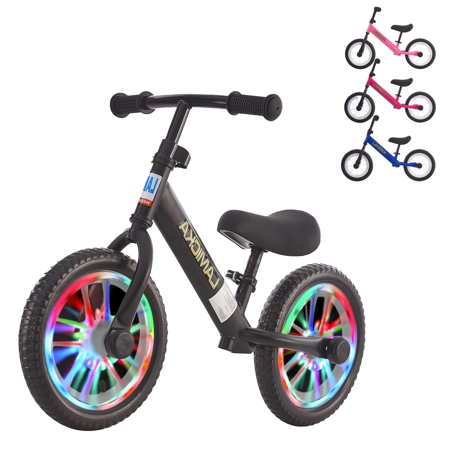 LSBIKE 12" Kids Blance Bike Toddler Training Bike No Pedal Children Cycles with LED Light up Wheels Adjustable Handlebar Leather Seat Fixed bracket for 2-3 Years old Boys and Girls(Black, 12inch) — image 1