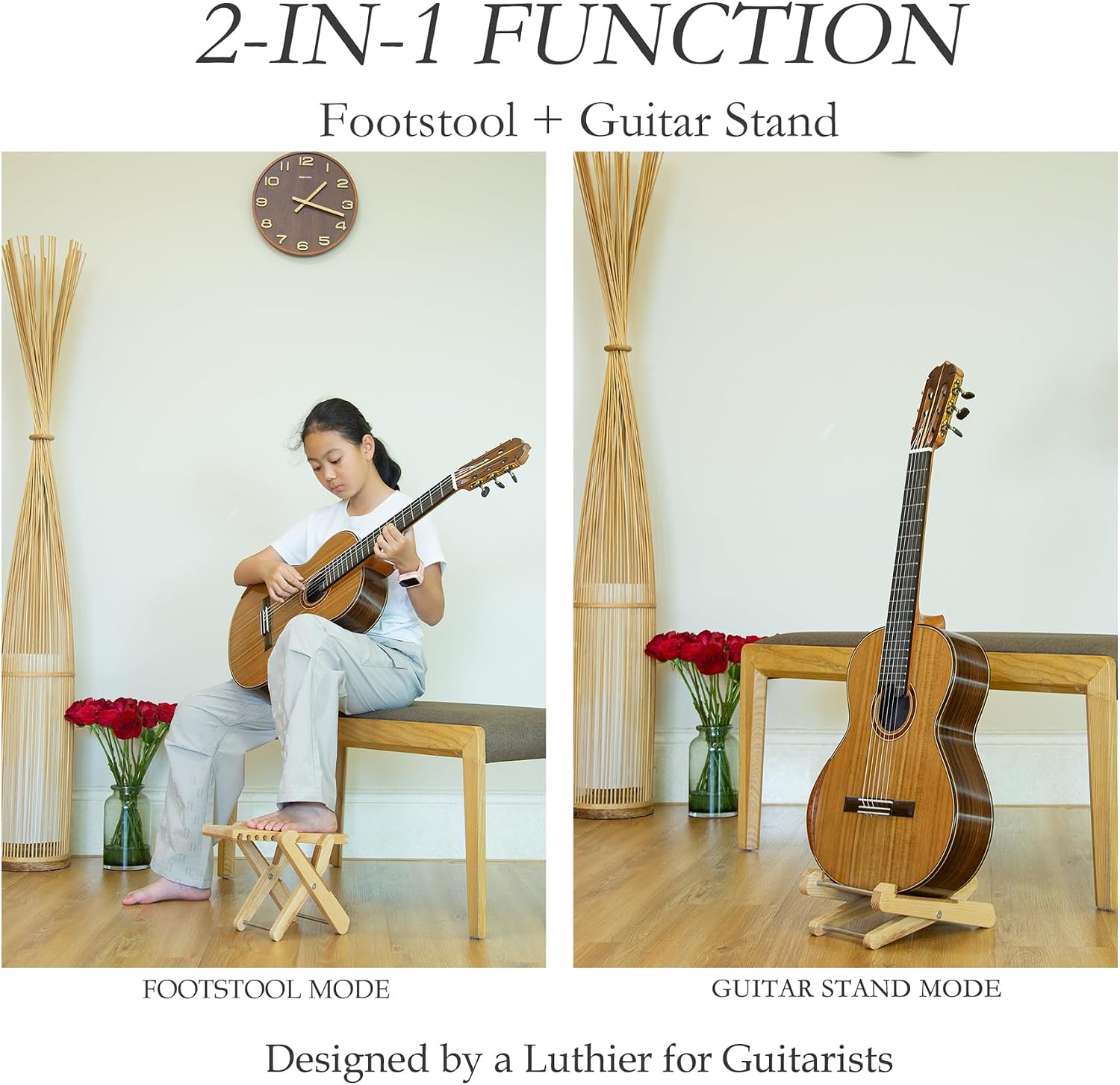 2-in-1 Super Footstool, Foldable Adjustable Guitar Footstool & Stand, Solid Wood Ergonomic Foot Rest for Classical & Acoustic Guitar Players