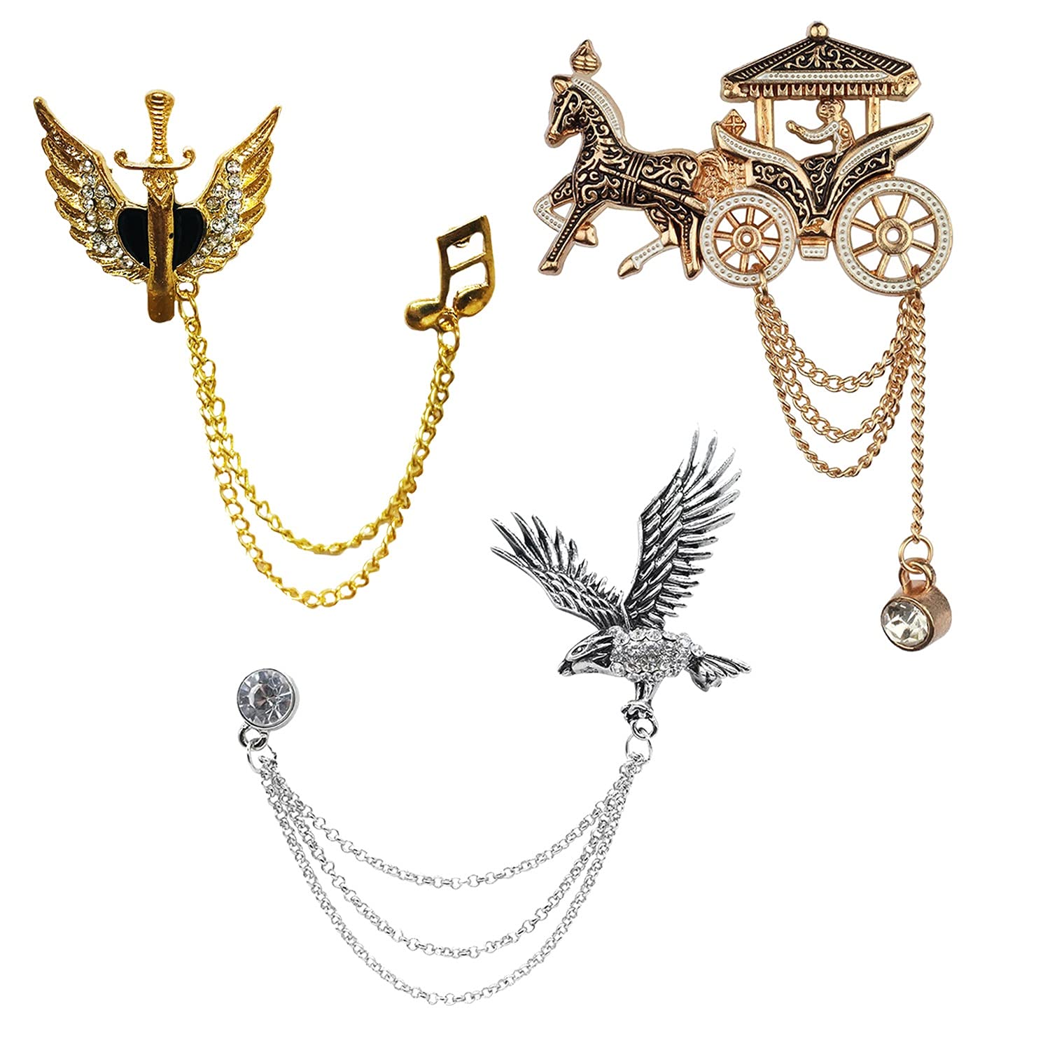 Aarohi10Aarohi Jewells Classic Crystal Gold Plated Flying Eagle with Hangging Chain Brooch Lapel Pin for Men And Boys ABRO10Gd-002