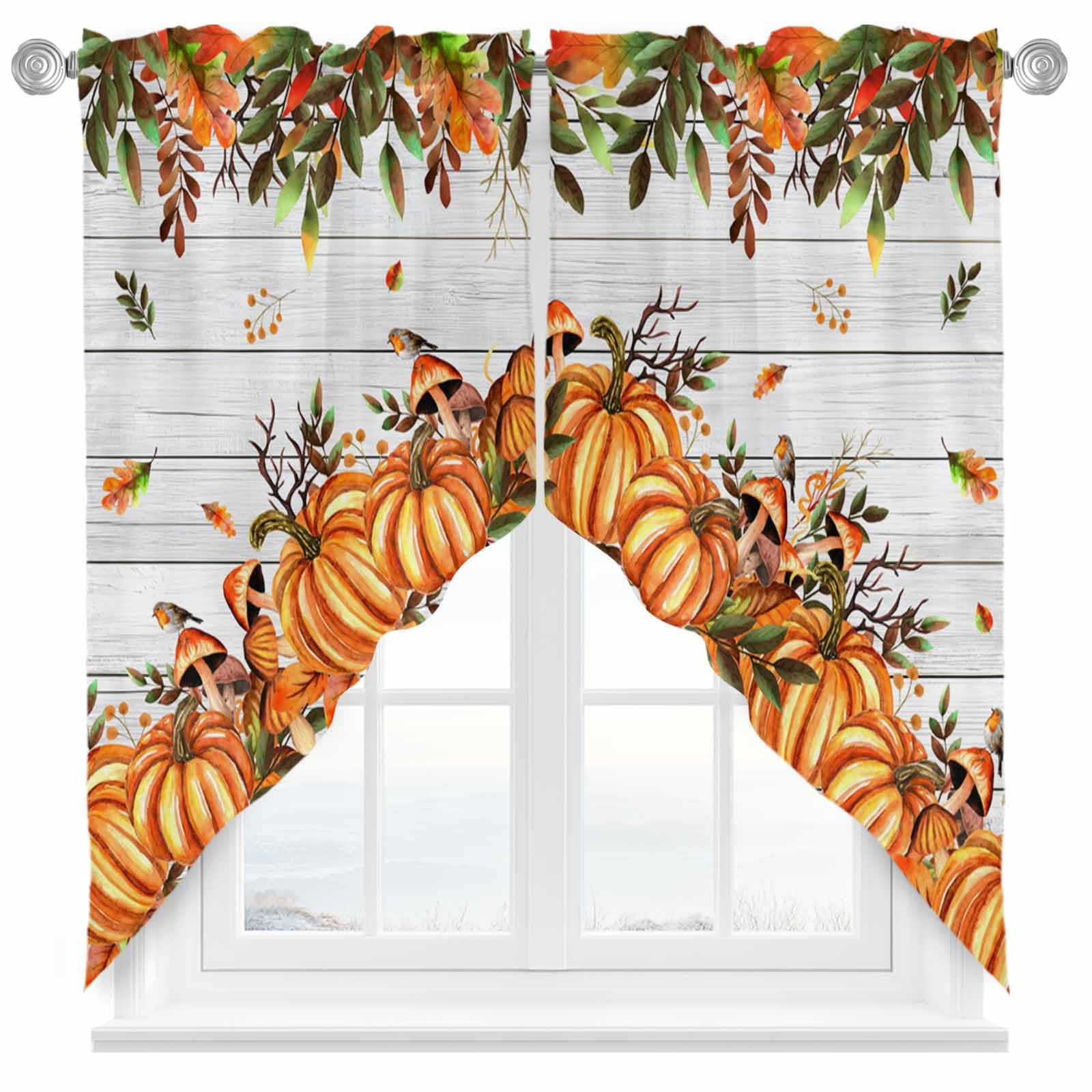 BEMIGO Fall Valances for Windows Thanksgiving Kitchen Window Curtains Over Sink, Orange Pumpkin Rod Pocket Window Curtain Panel Swag Curtains Valance Wood Grain,2 Panels,36 Inches Length