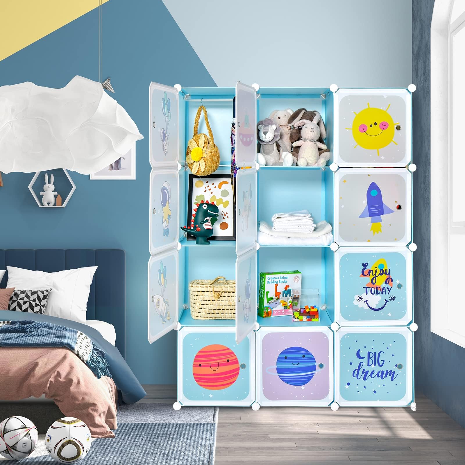 RELAX4LIFE Armadio Modulare a 8/12 Cubi per Bambini con 2 Barre Appendiabiti, 8/12 Ante, Mobile Salvaspazio per Cameretta e Asilo Nido, Portata di Ogni Cubo 10 KG (Azul,Universo-12 Cubos)
