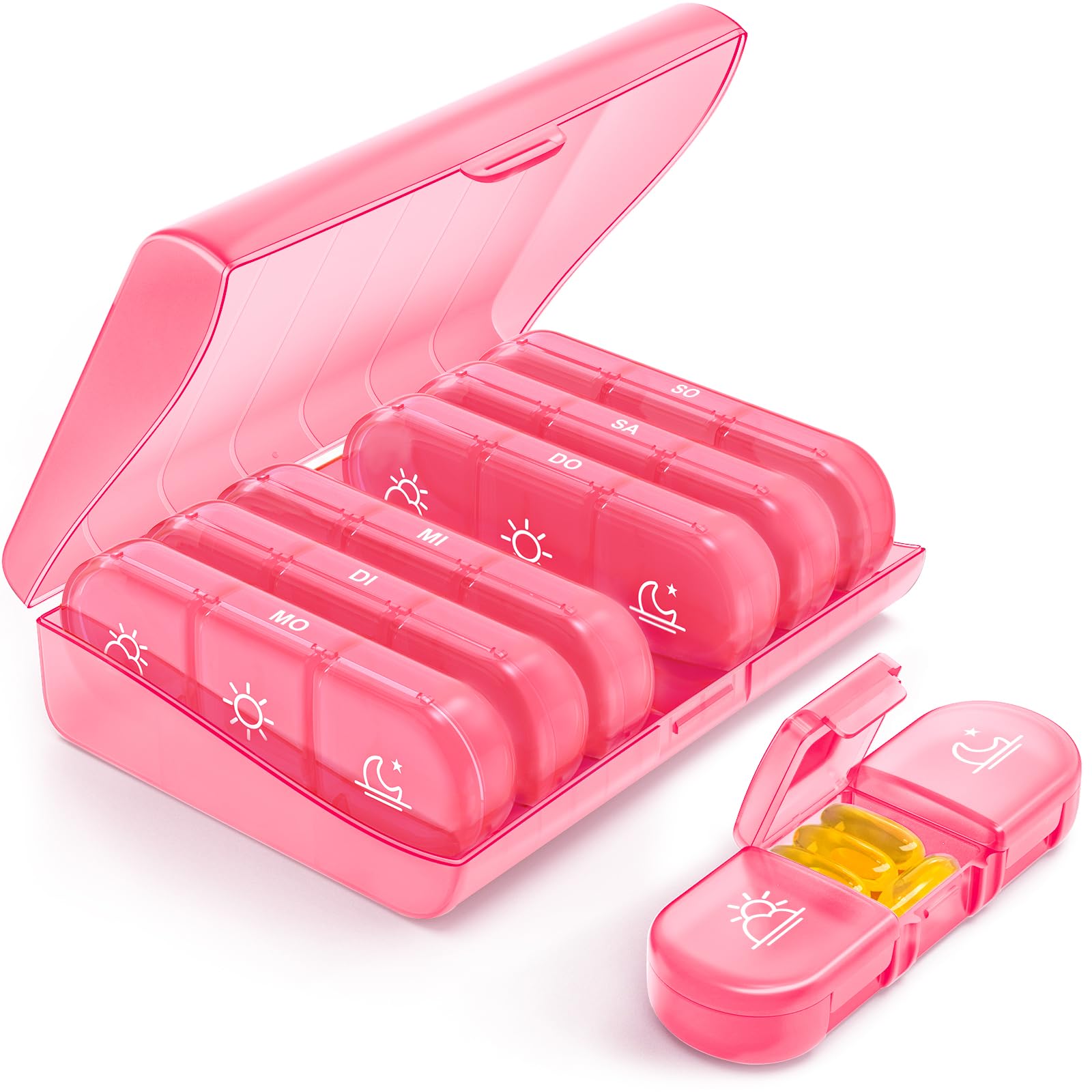 AUVON wöchentlicher Pillendose 7 Tage 3 Fächer, tragbare Tablettenbox 7 Tage mit großen separaten Fächern für Medikamente, Vitamine, Fischöl, Nahrungsergänzungsmittel usw.(Rosa)
