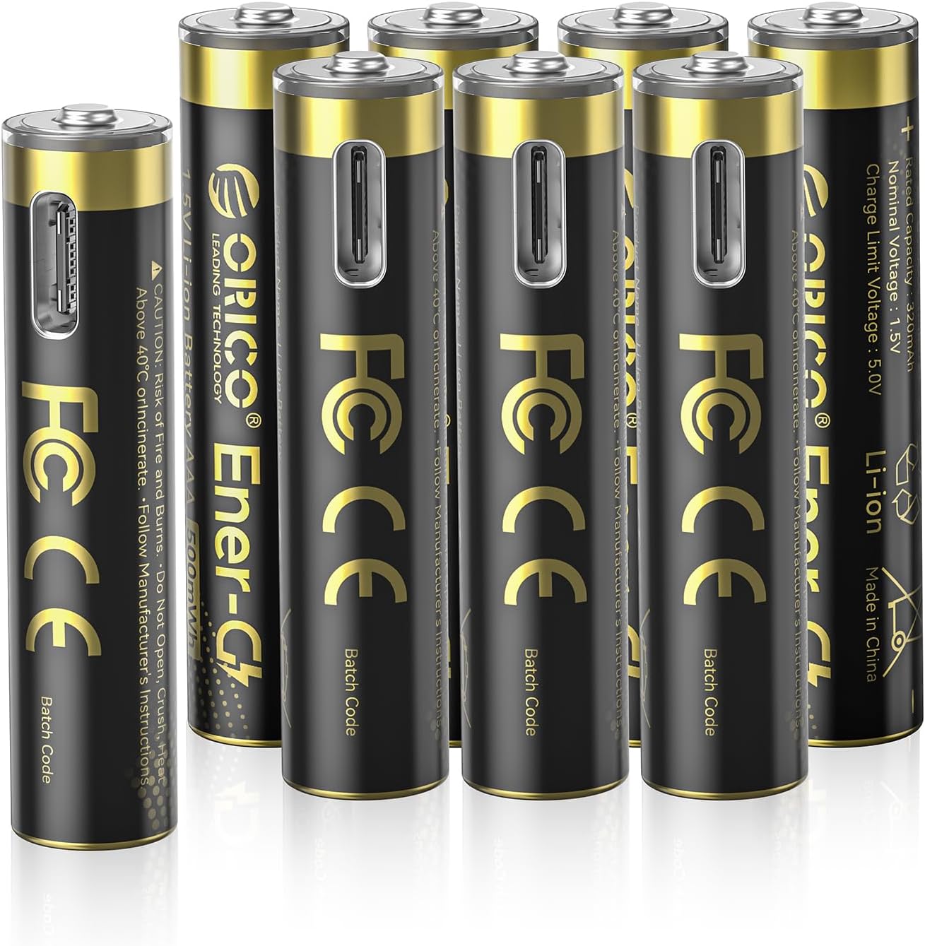 ORICO Ener-G Lithium ion Battery AAA Rechargeable Batteries with 1 Hour Fast Charge, Type-C Port 8 Pack, 1.5V 500mWh and Recharge Times up to 1500x, for Remote Controllers, Electronic Toys (No Cable)