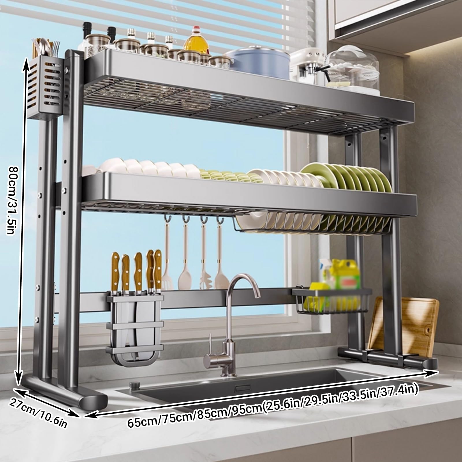Escurridor de platos sobre el fregadero, estante de cocina de gran capacidad que ahorra espacio, altura ajustable, para platos, vasos, cuencos, cubiertos