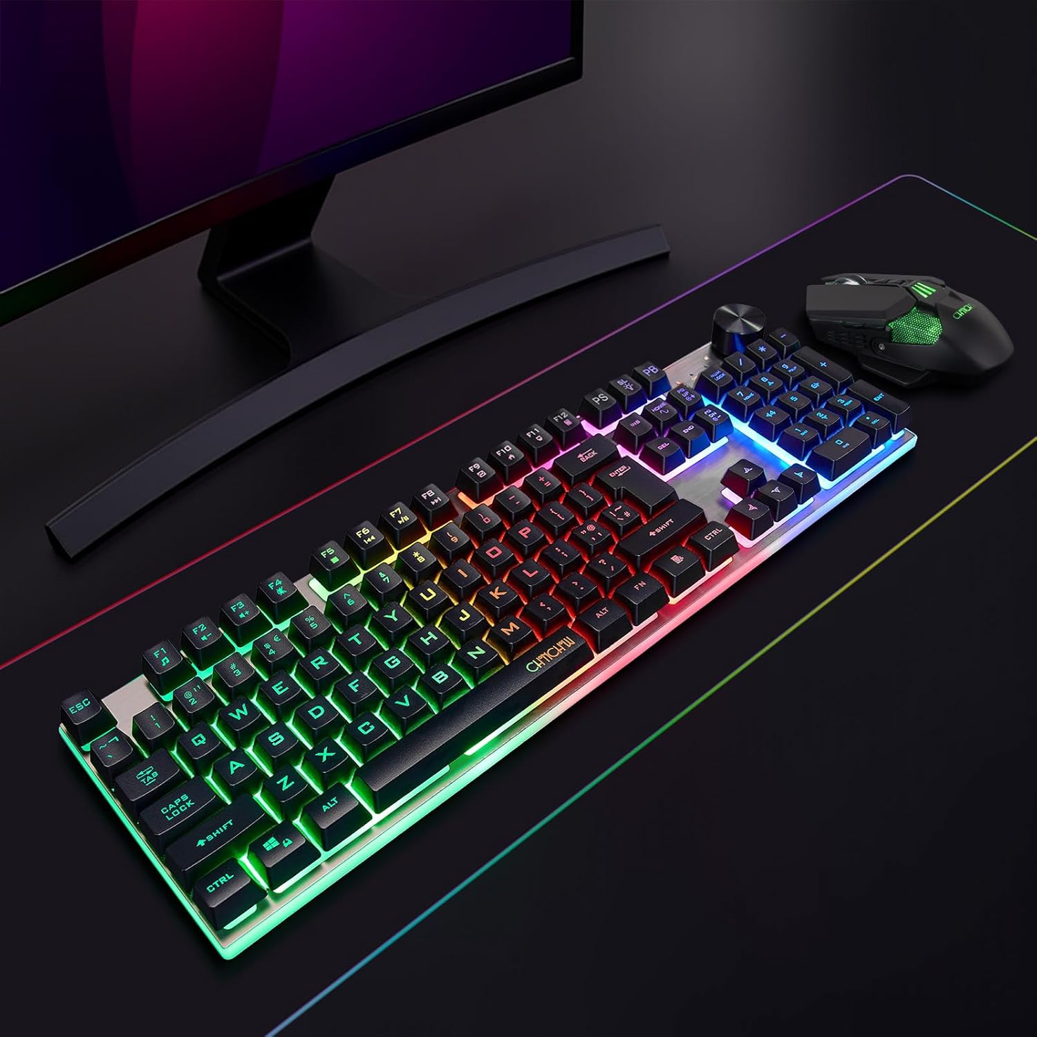 Wireless Gaming Keyboard with knob and Mouse Combo USB Dongle 2.4G Rechargeable 3000mAH Battery RGB Backlit Stainless Panel 4200DPI Side Button Mice for PC Laptop Compatible with Windows 8/9/10 MacOS